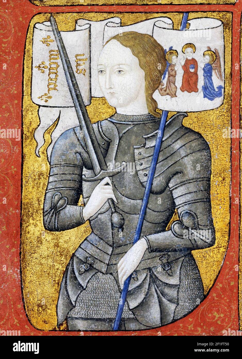 Jeanne d'Arc. Manuscrit illuminé, à l'origine daté du XVe siècle, parchemin et pigment Banque D'Images