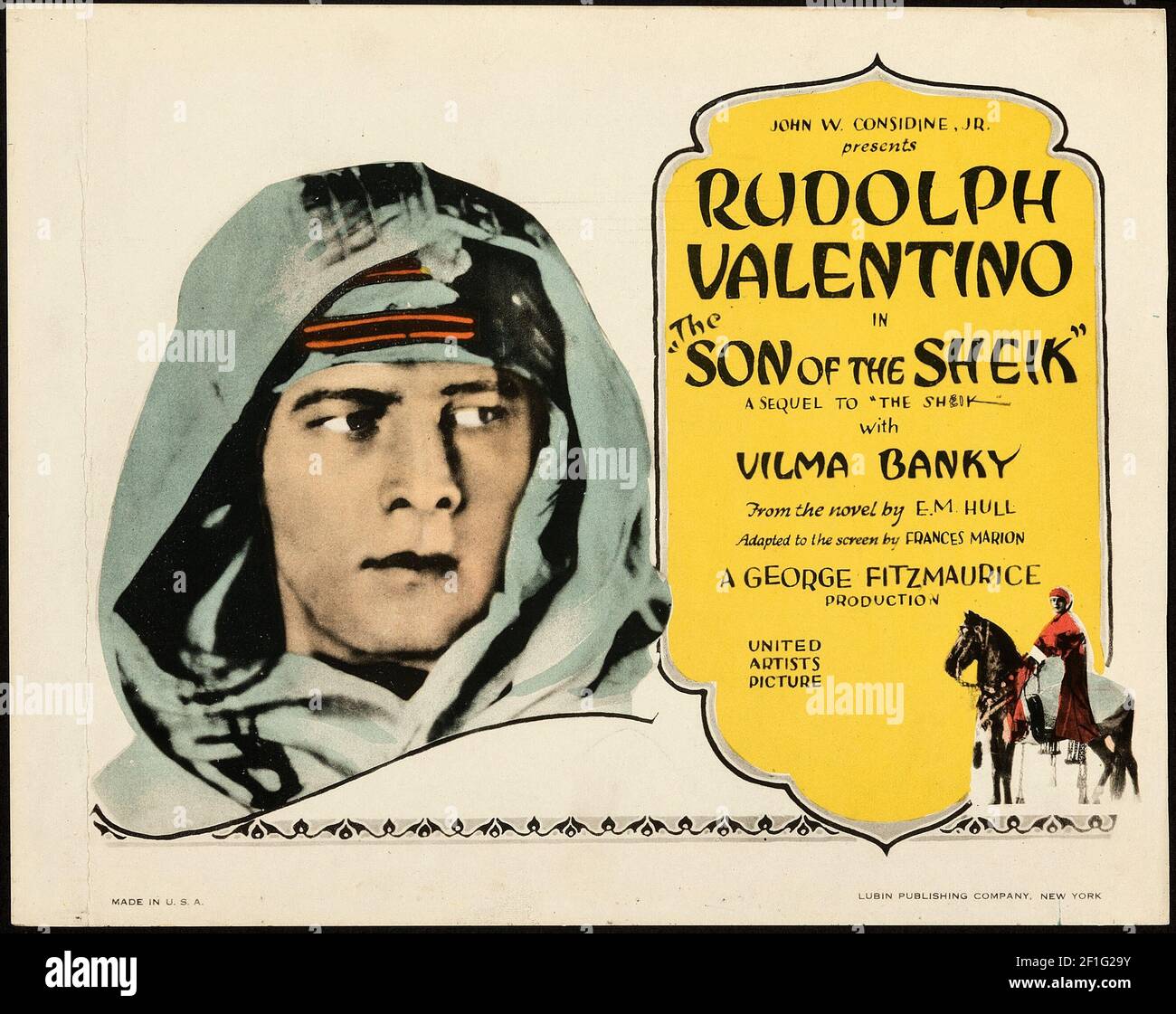 Rudolph Valentino. Le fils du cheik. Affiche de cinéma vintage, style classique. 1926. Banque D'Images