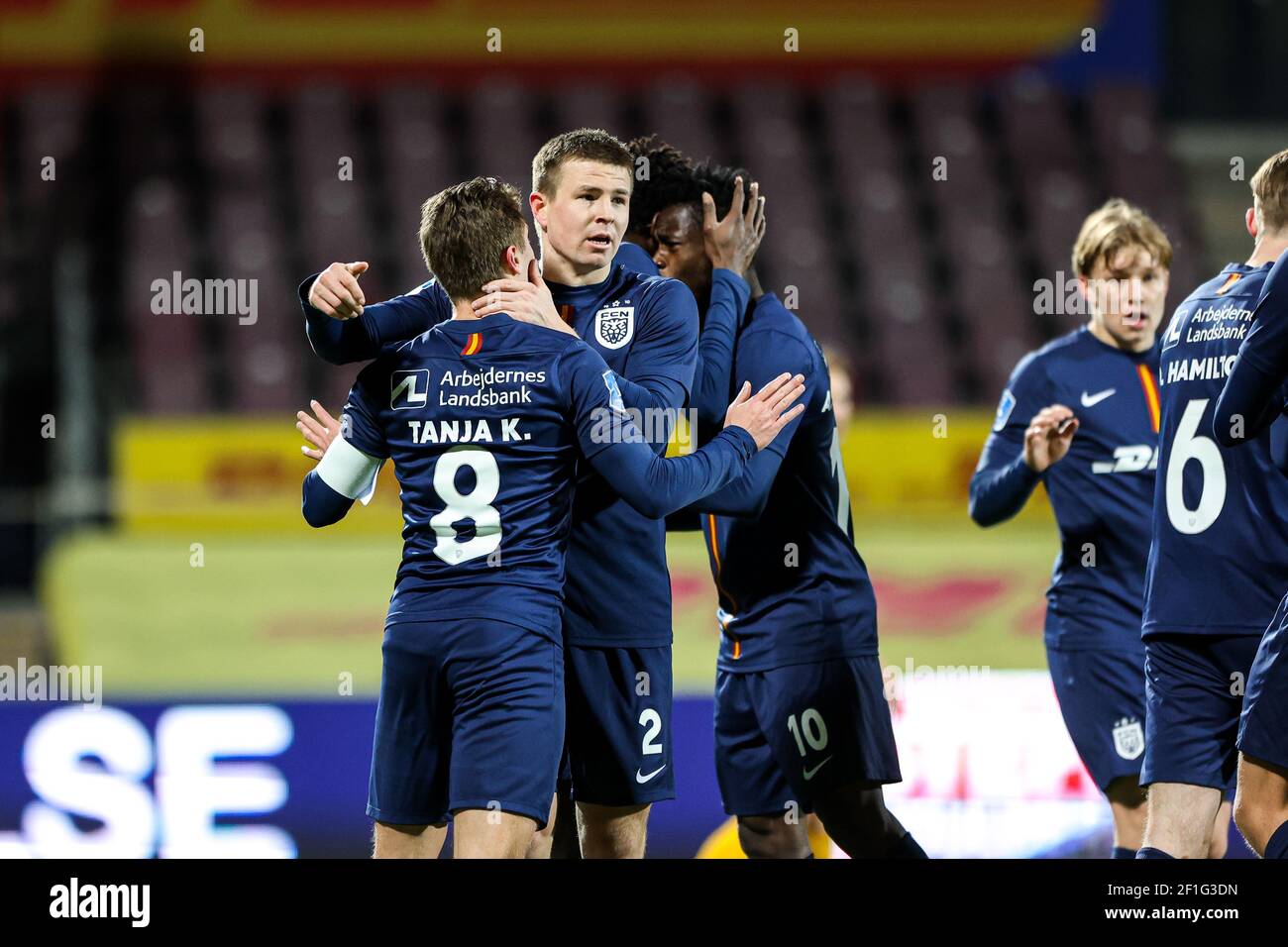 Farum, Danmark. 07e mars 2021. FC Nordsjællands Magnus Kofod Andersen (8)  scorer og tiljubles af Mads Døhr Thychoired (2) i 3F Superliga-kampen  mellem FC Nordsjælland og AC Horsens i droit à Dream