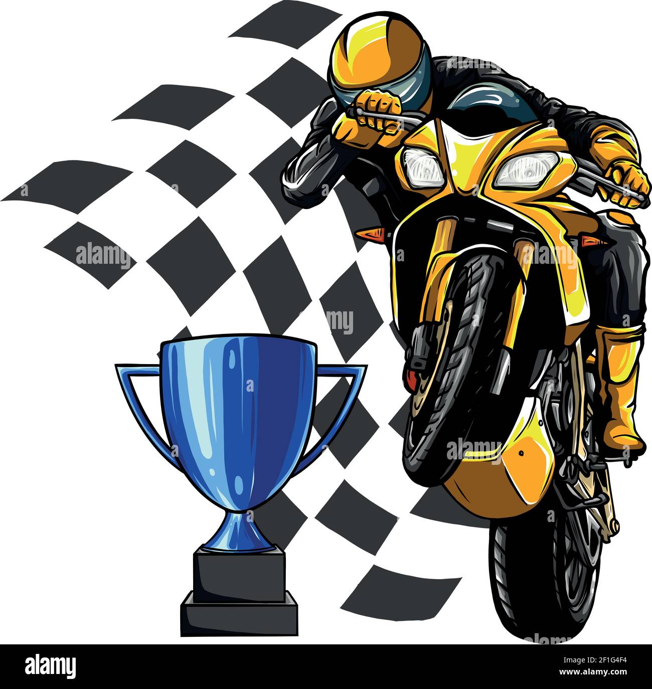 Coureurs sur moto sportive avec coupe et drapeau de course Illustration de Vecteur