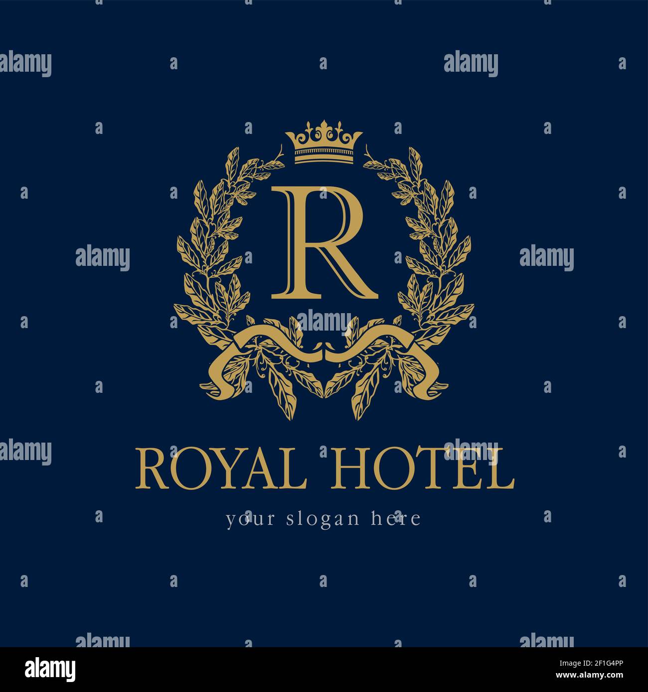 Logo de la société R. Hôtel Royal. Armoiries, heralsèches de royalties de couleur or. Signe créatif décoratif, branche de raisin et couronne. Abstrait isolé Illustration de Vecteur