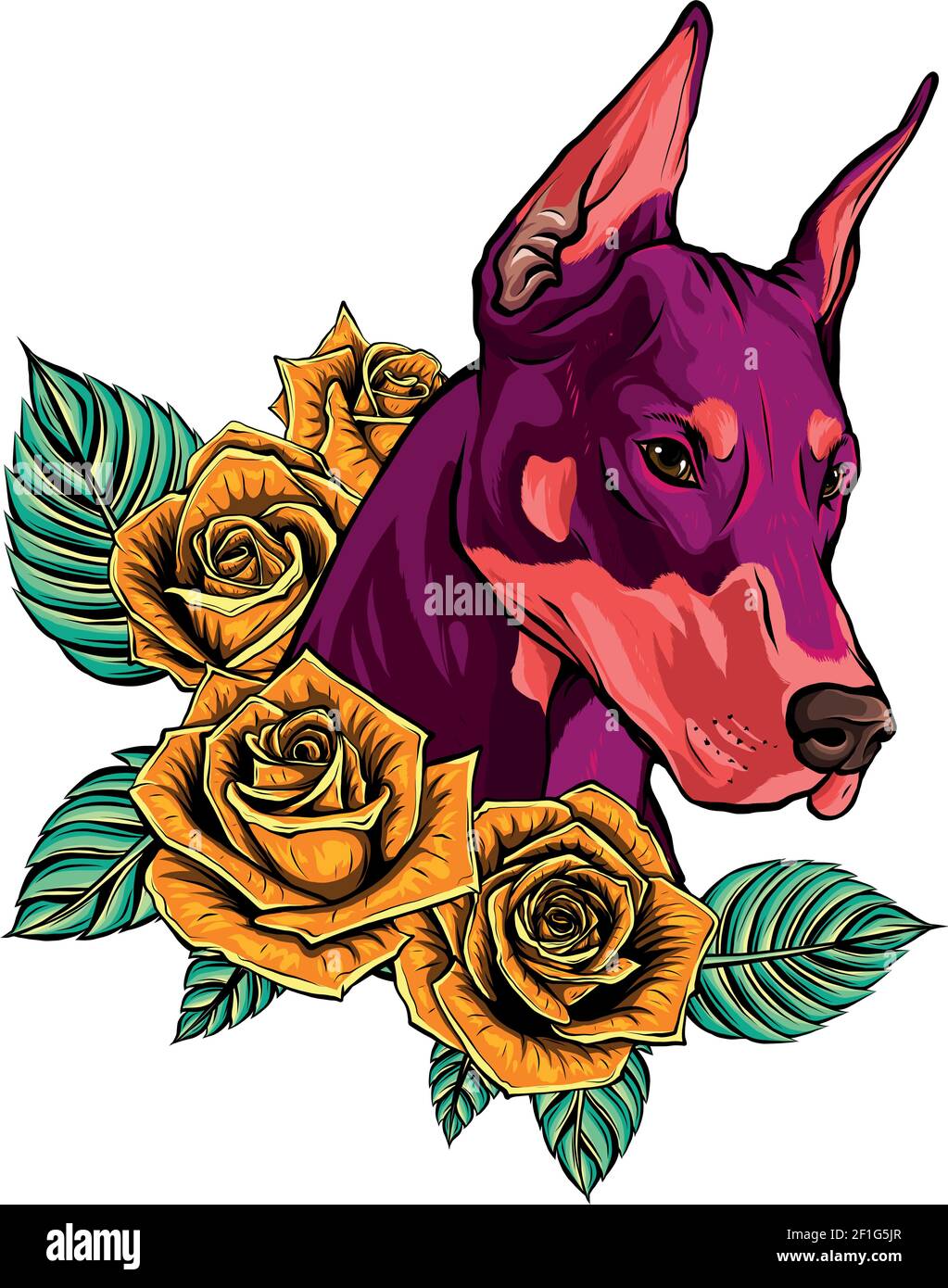 Visage de chien de Dobermann vectoriel avec roses rouges Illustration de Vecteur