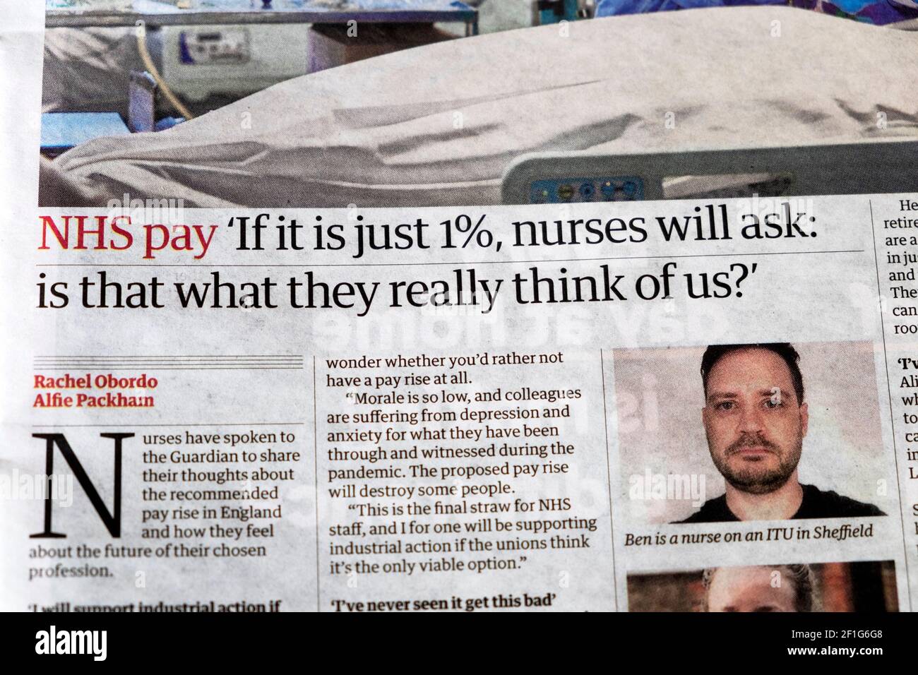 « le NHS paie « si ce n'est que 1 %, les infirmières se demanderont : est-ce ce qu'elles pensent vraiment de nous ? » article dans le journal Guardian titre le 6 mars 2021 Londres UK Banque D'Images