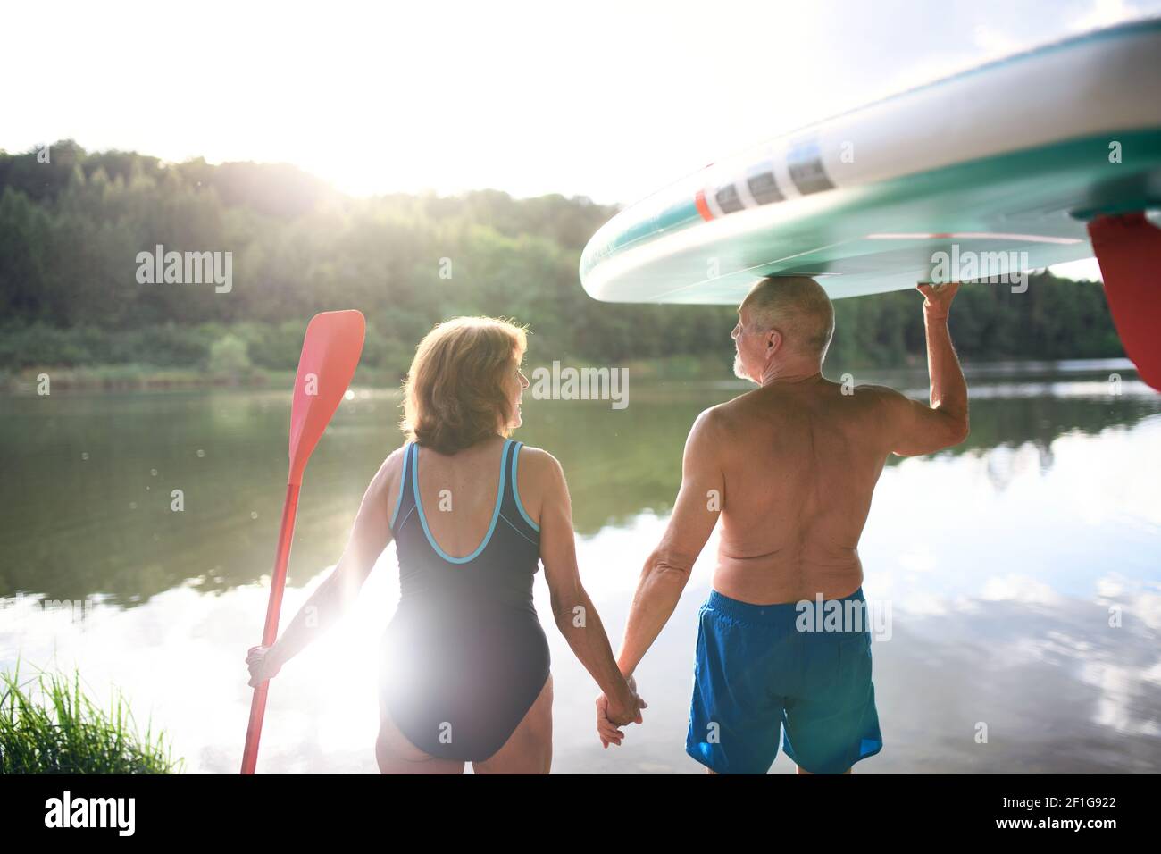 Vue arrière du couple senior transportant le paddleboard au bord du lac en été. Banque D'Images