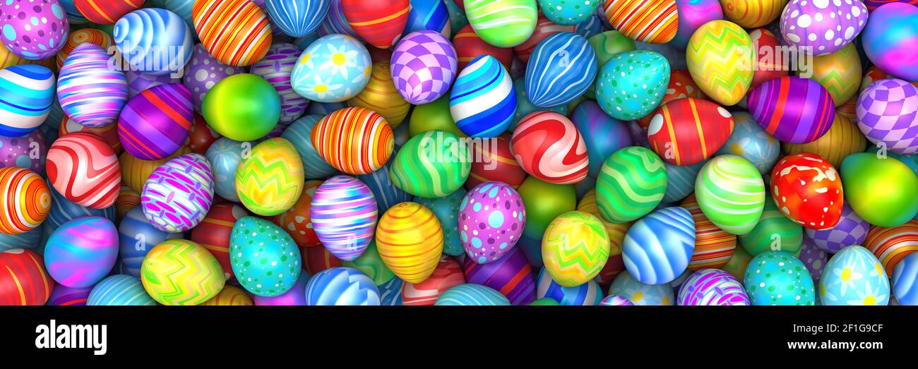 Pile de birght et les oeufs de Pâques colorés - 3D render Banque D'Images