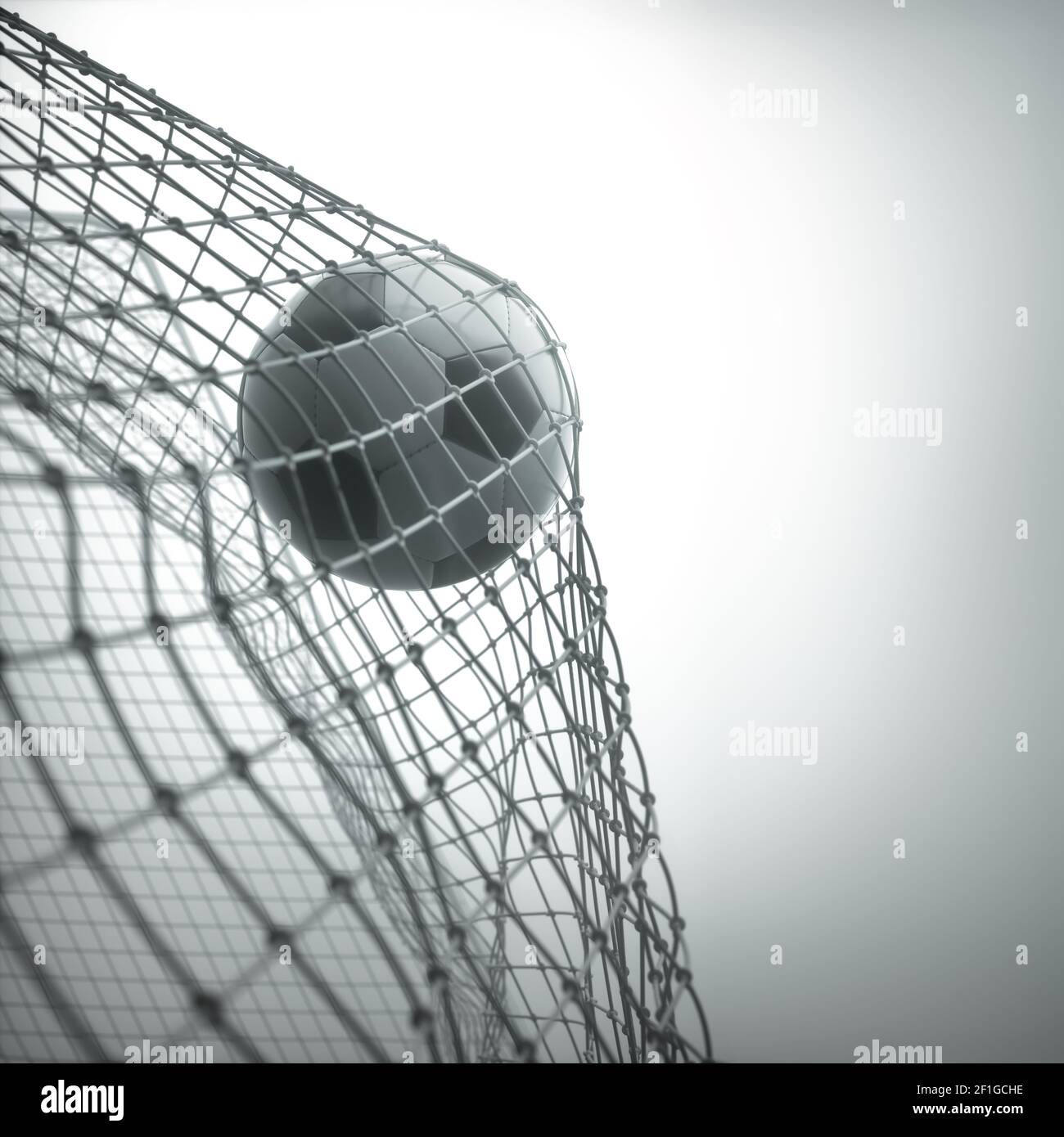 Ballon de football, marquant le but et déplaçant le filet. Illustration 3D, sur fond blanc. Banque D'Images