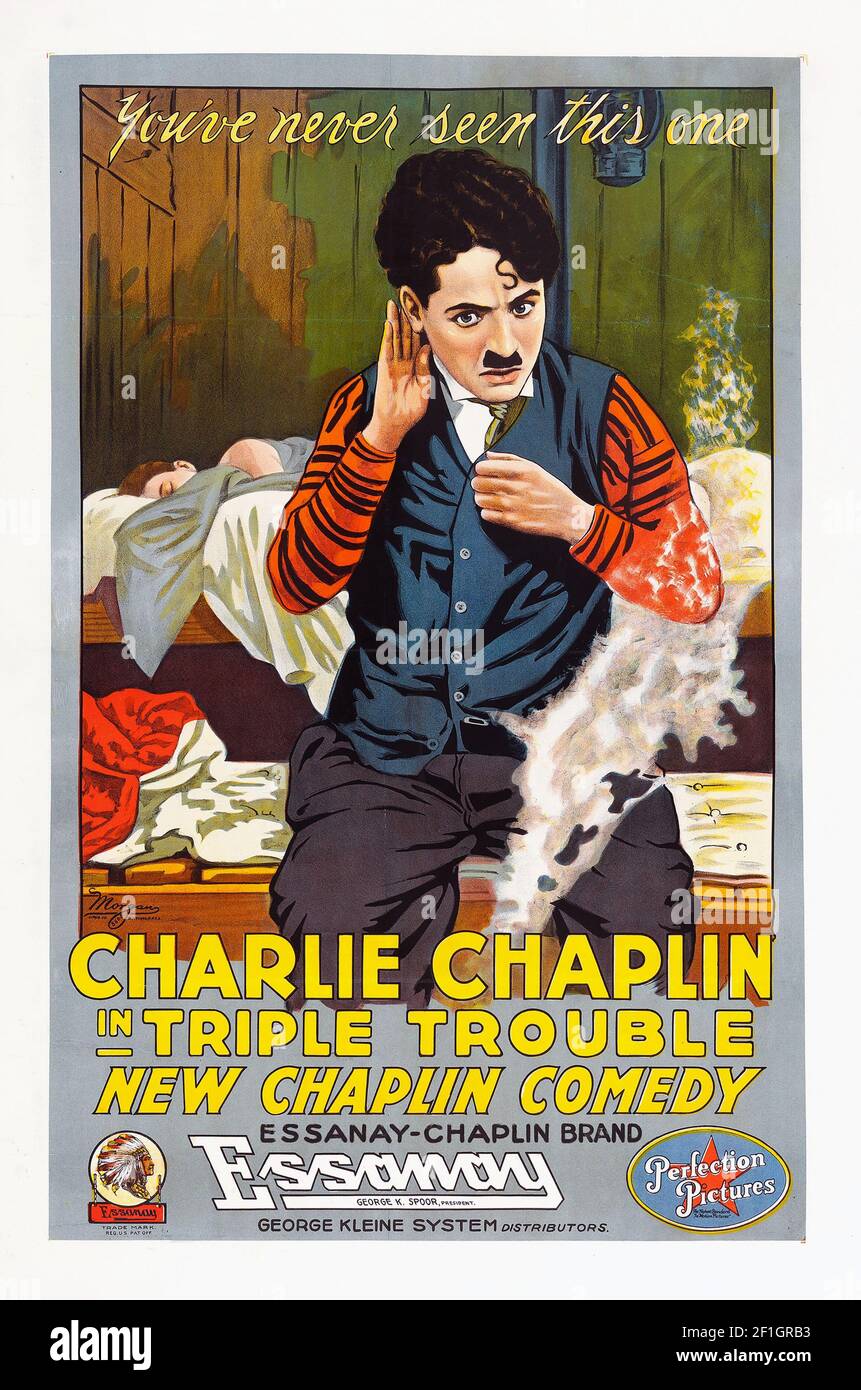 Charlie Chaplin, Triple trouble, affiche de film 1918 Banque D'Images