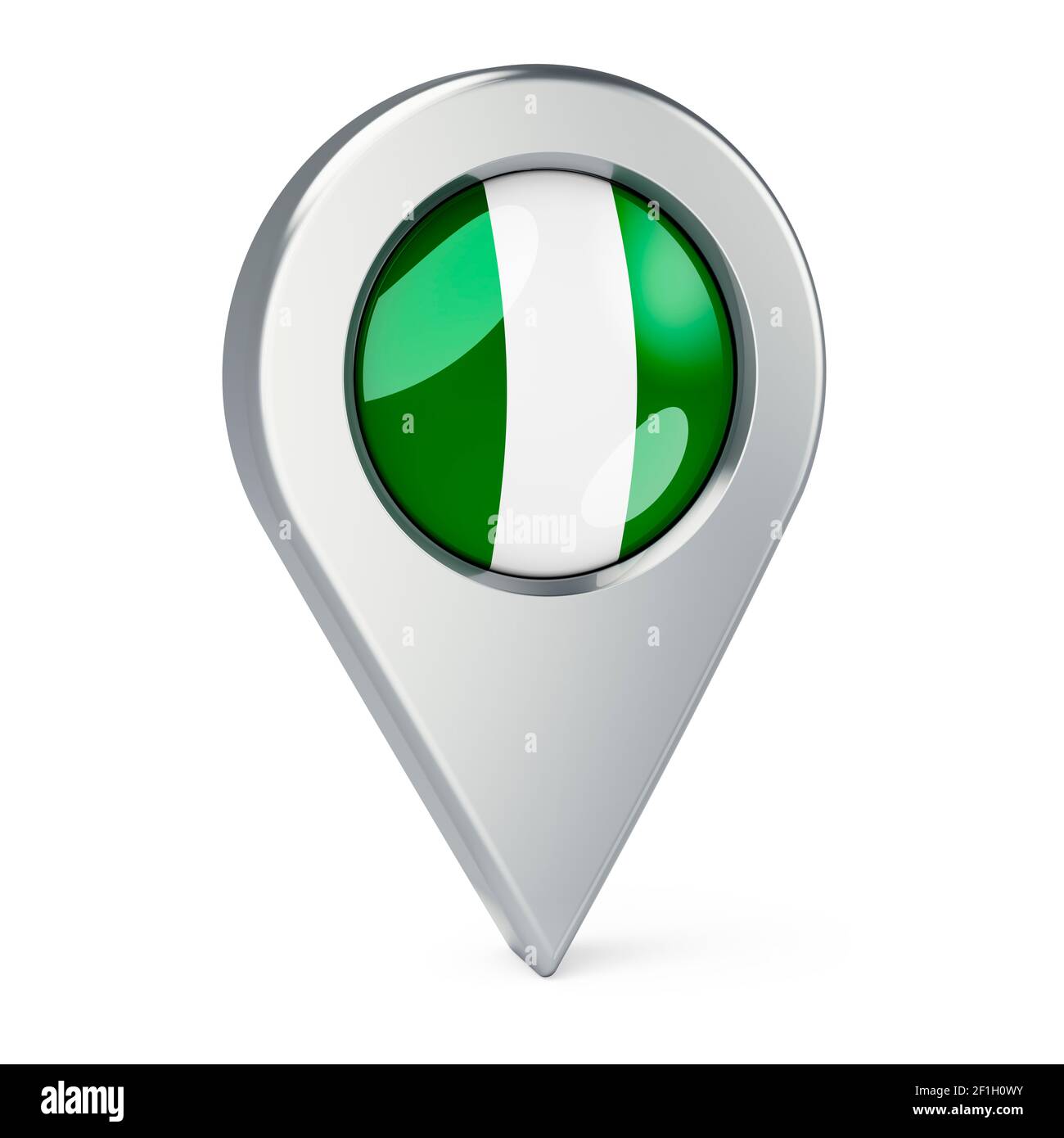 Pointeur de carte avec drapeau du Nigeria, rendu 3D isolé sur fond blanc Banque D'Images