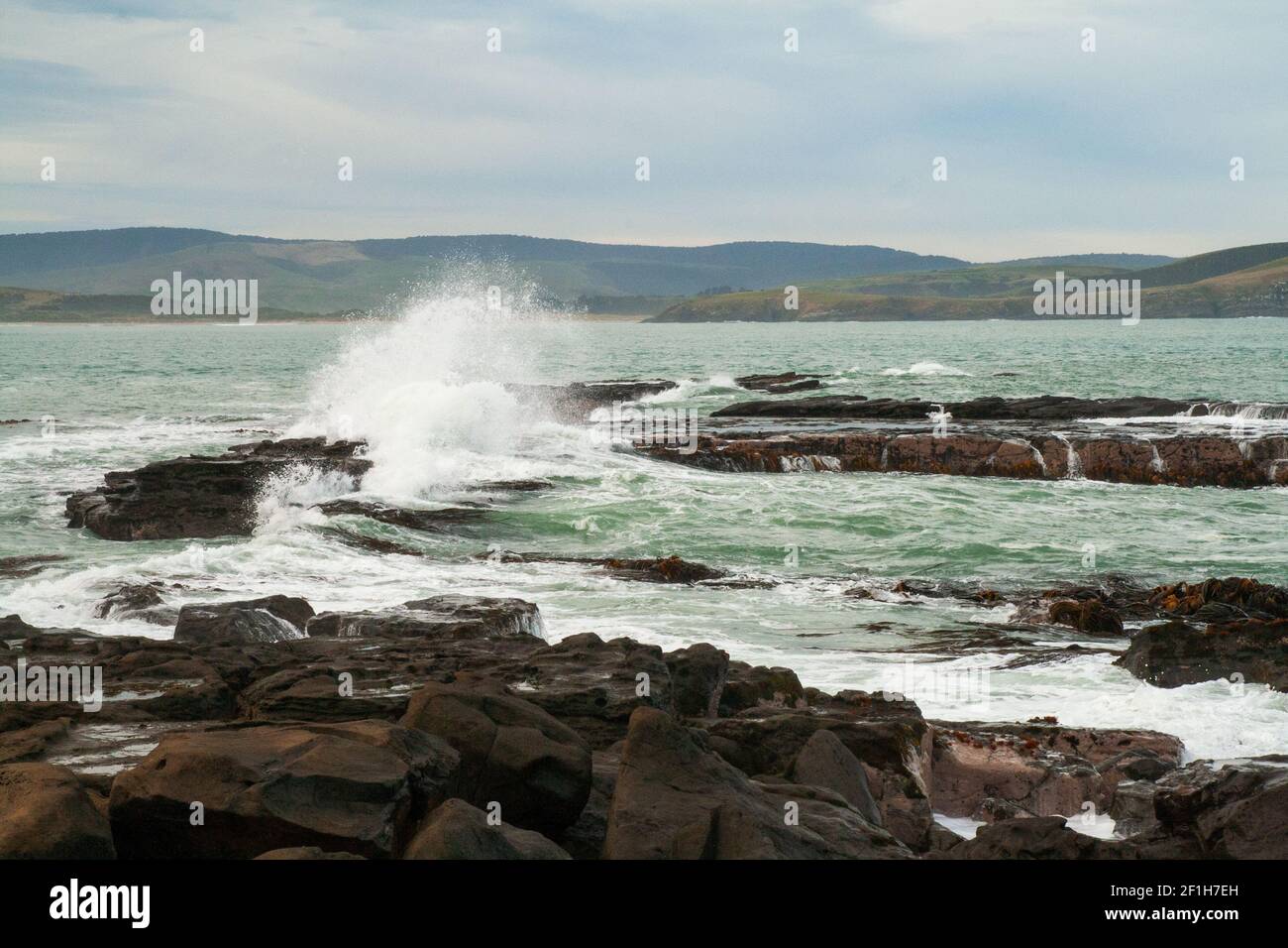Vagues de l'océan Pacifique écrasant sur des rochers et éclaboussant l'eau autour de la baie de Porpoise en Nouvelle-Zélande, les Catlins Banque D'Images