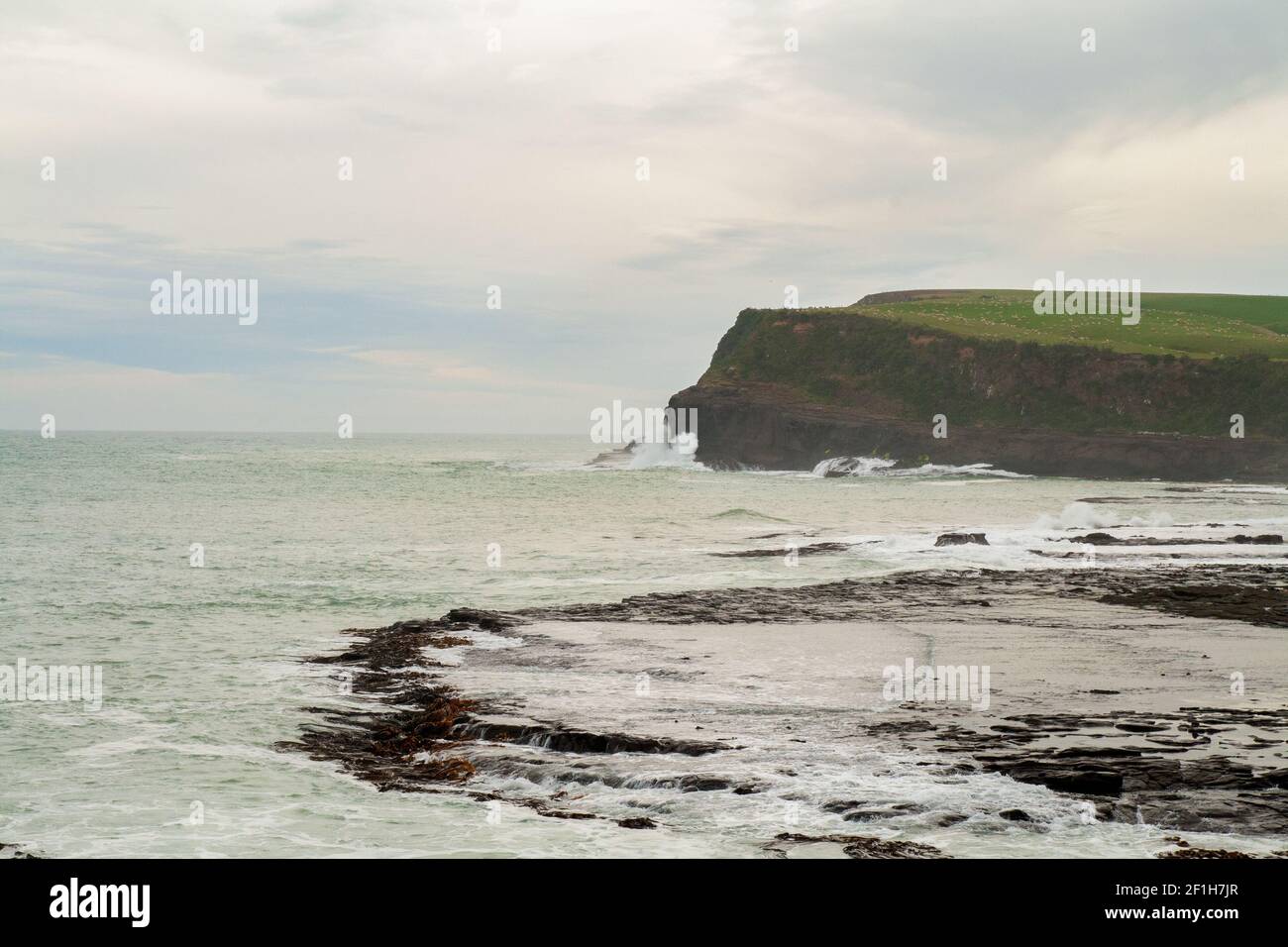 Falaises de Curio Bay à Porpoise Bay, vagues de l'océan Pacifique écrasant dans la grande falaise, côte de Catlins, Nouvelle-Zélande Banque D'Images