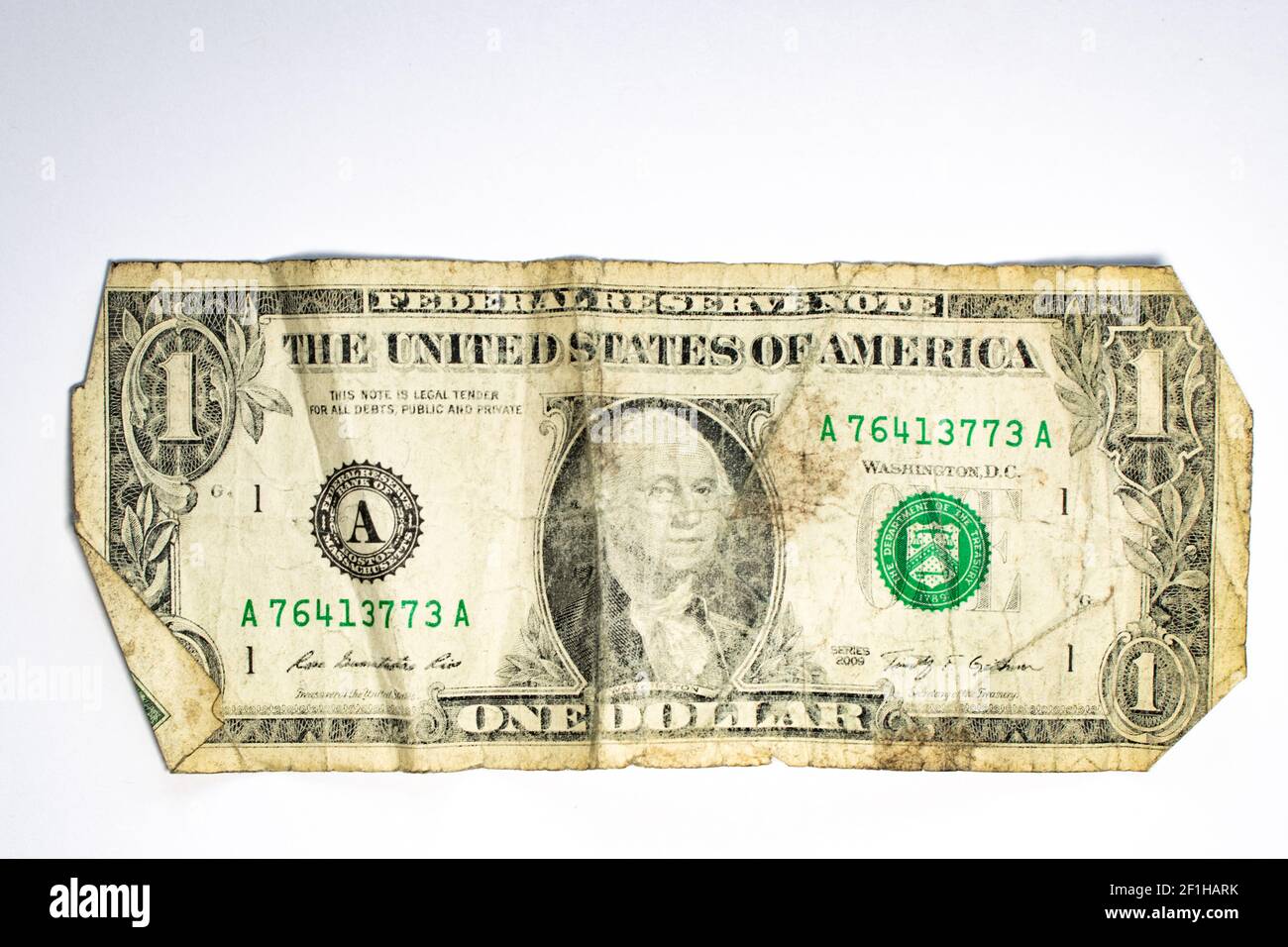 L'avant d'une vieille facture de dollar américain sale et froissée. Banque D'Images