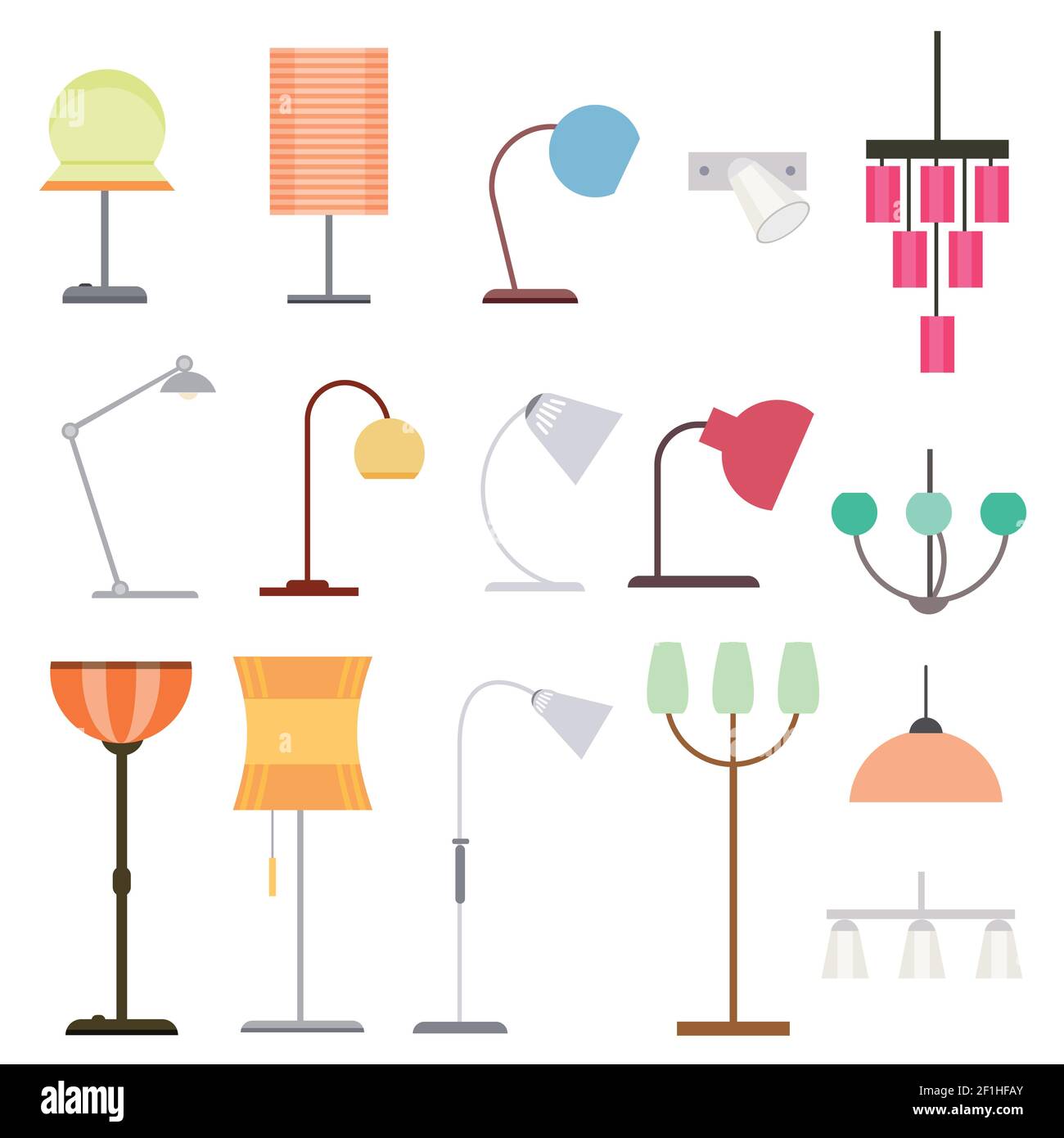 Collection de lumières d'intérieur colorées avec différents types de table de plancher lampes et lustres suspendus illustration vectorielle isolée Illustration de Vecteur