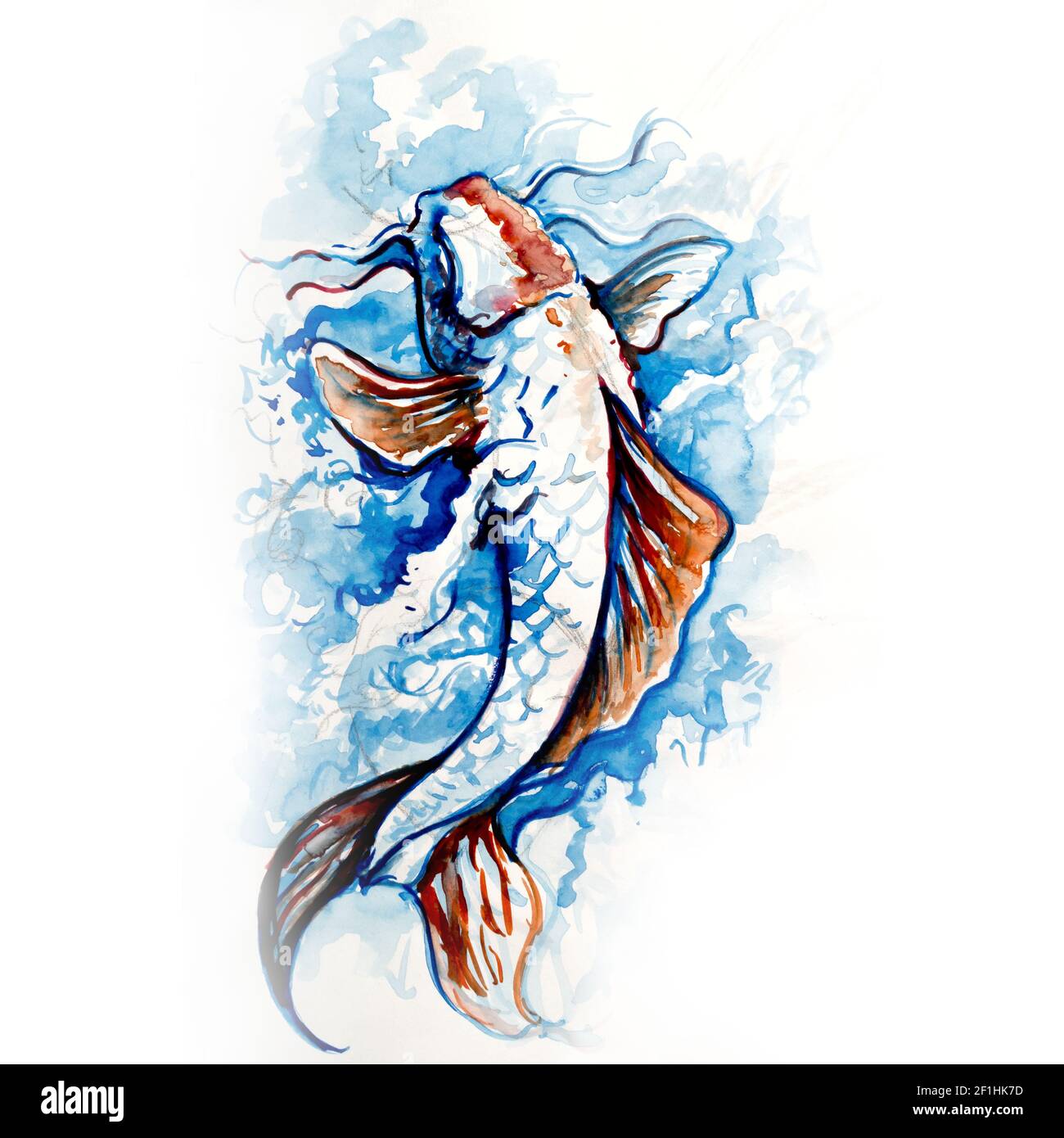 Carpe japonaise, tatouage de poisson dessinant en bleu avec aquarelle Banque D'Images