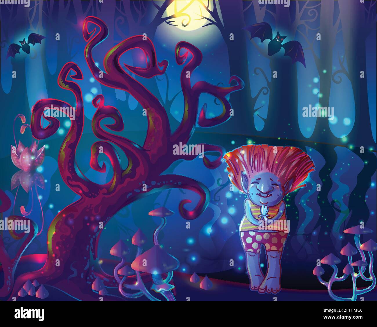 Modèle de forêt enchantée par magie sombre avec arbres champignons étang chauves-souris et joli troll tenant le vecteur de fleur illustration Illustration de Vecteur