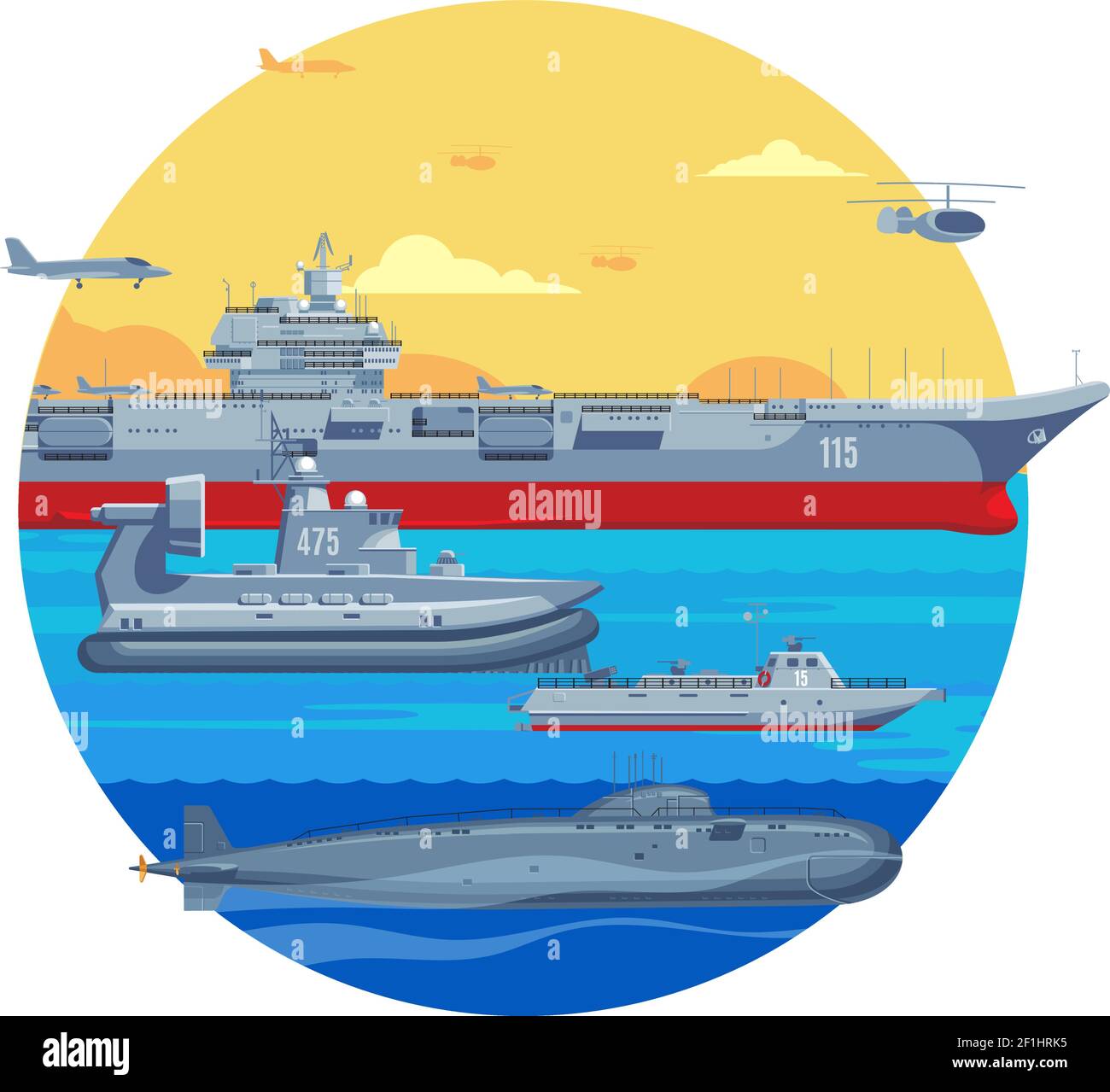 Maquette de bateau militaire avec frégate navale de porte-avions illustration d'un hélicoptère d'avion et d'un vecteur sous-marin Illustration de Vecteur