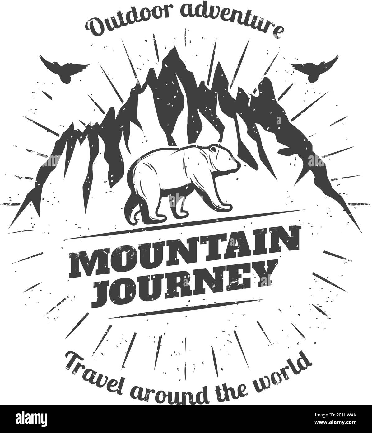 Logo vintage de voyage de montagne avec des pierres blanc ours oiseaux et illustration du vecteur isolé sunburst Illustration de Vecteur