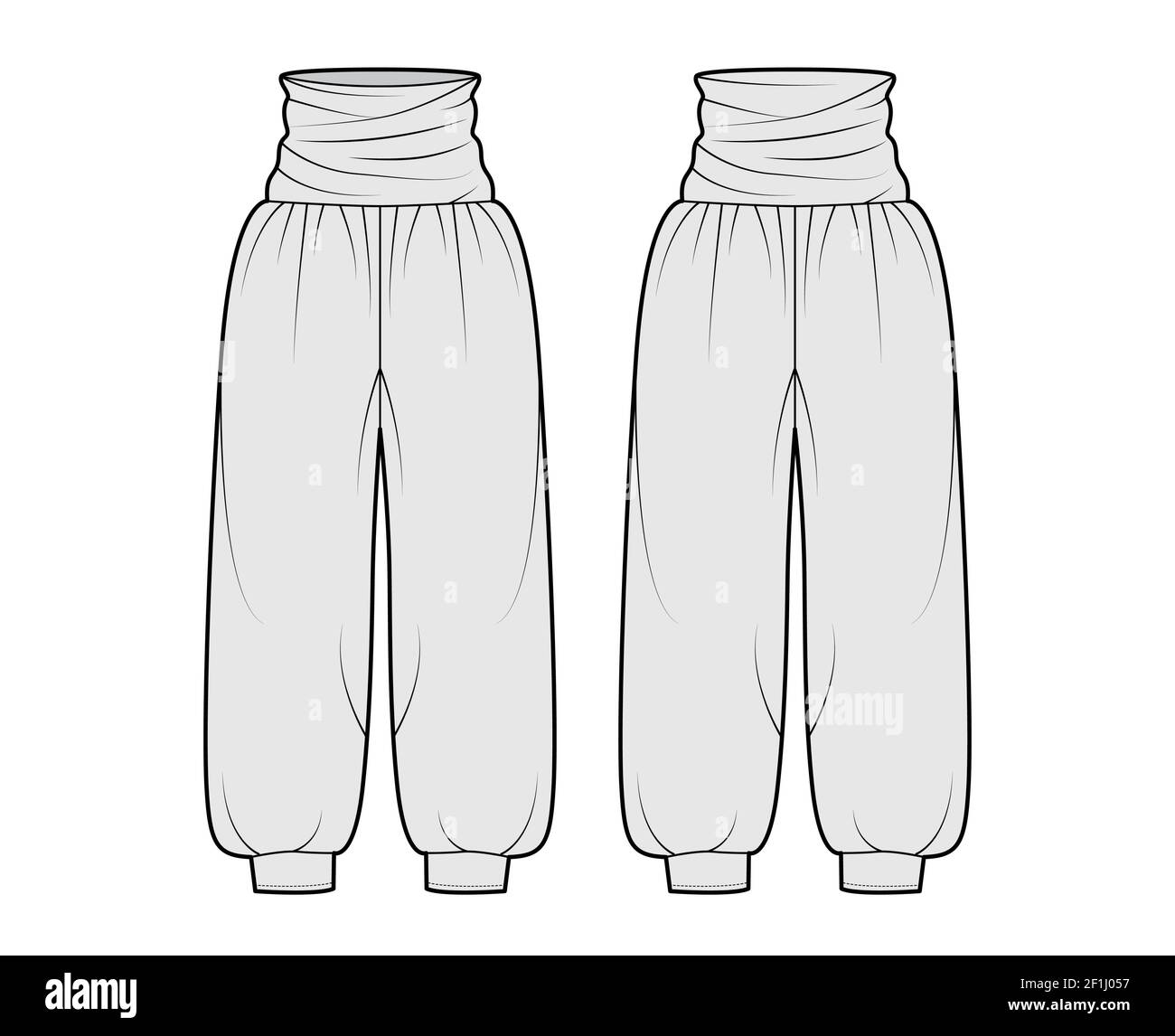 Pantalon zouave illustration technique de la mode avec taille normale  drapée, taille haute, plis, jambes larges, pleine longueur, surdimensionné.  Modèle de pantalon à fond plat à l'avant, à l'arrière, de couleur grise.