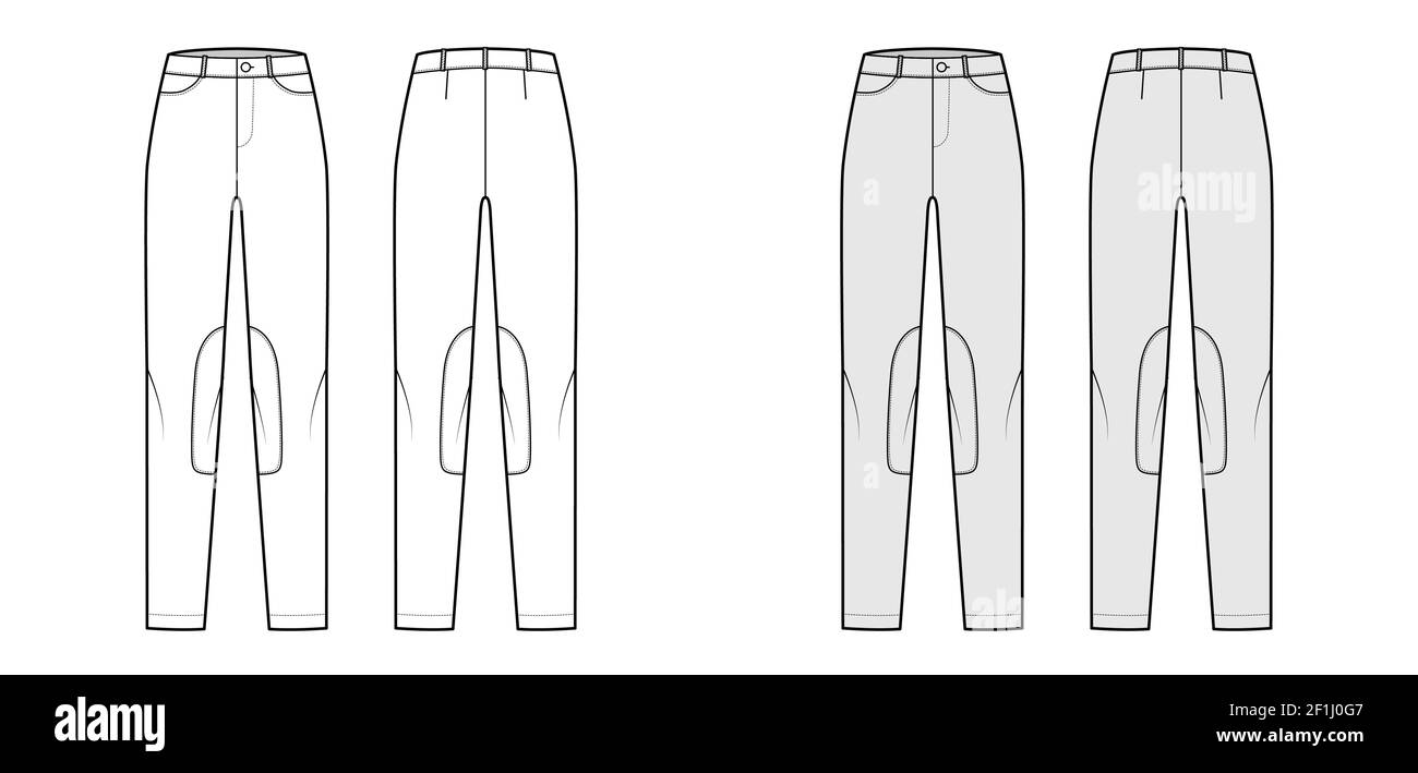 Ensemble de jeans Kentucky Jodhpurs pantalons denim illustration technique de la mode avec taille basse, taille, poches, passants de ceinture, longueur complète. Dos plat, blanc, couleur grise. Femmes hommes unisexe CAD maquette Illustration de Vecteur
