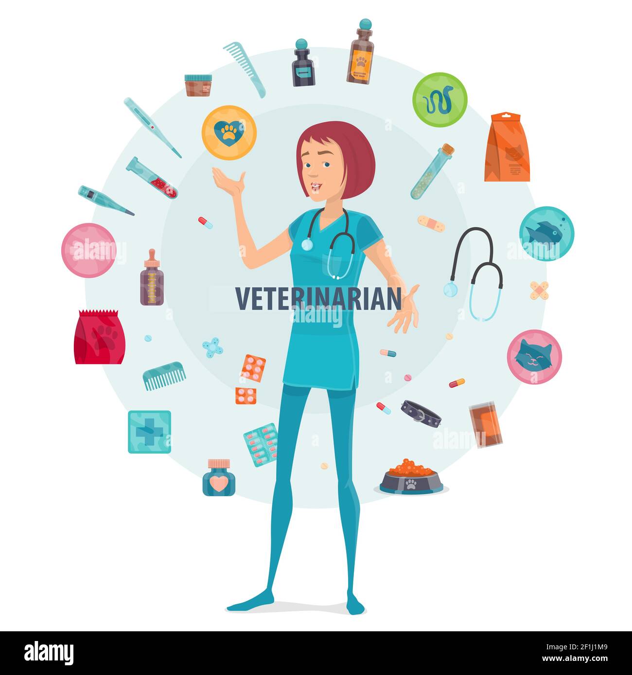 Composition ronde vétérinaire avec outils médicaux équipement produits animaux et illustration du vecteur isolé du système pet dans le centre Illustration de Vecteur