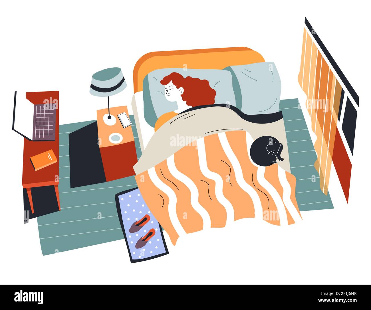 Jeune fille dormant au lit avec chat, adolescent Illustration de Vecteur