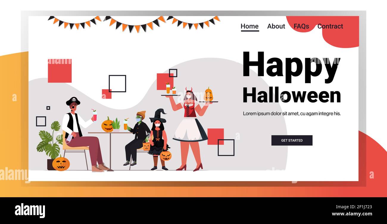happy halloween fête concept serveuse en costume servant des cocktails aux clients dans le café horizontal pleine longueur copie vecteur d'espace illustration Illustration de Vecteur