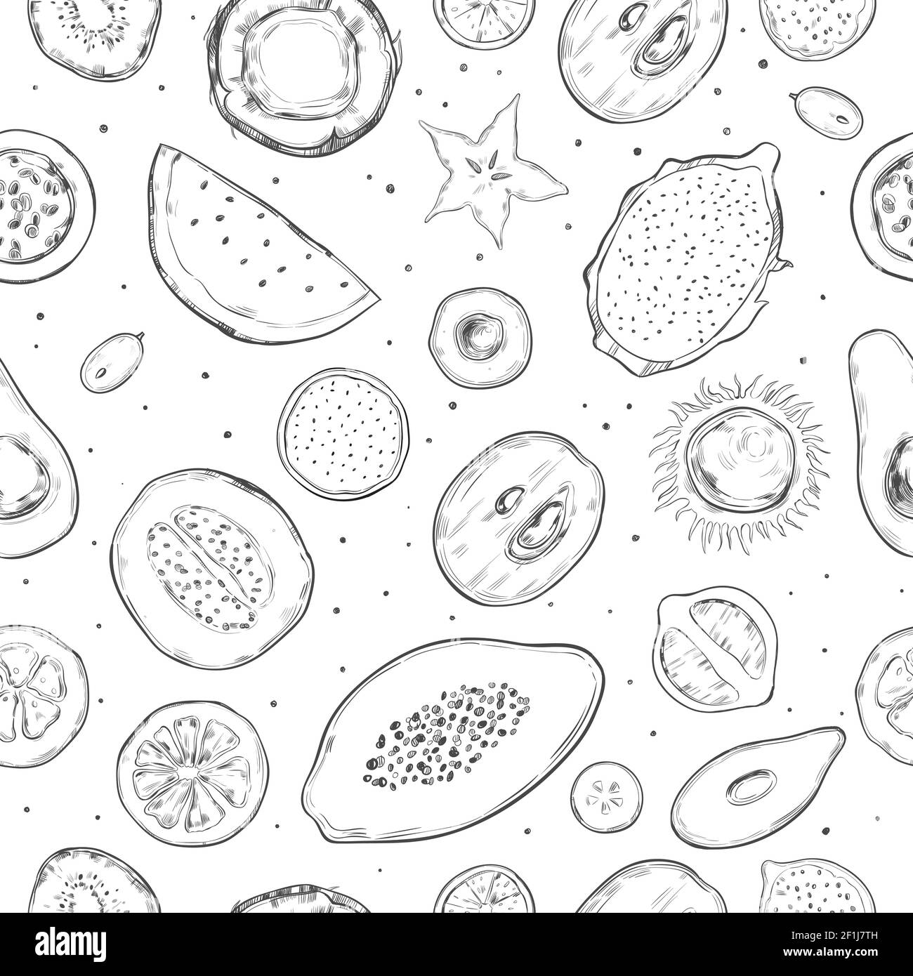 Produits exotiques dessinés à la main motif sans couture avec des fruits naturels et baies en illustration vectorielle de style monochrome Illustration de Vecteur
