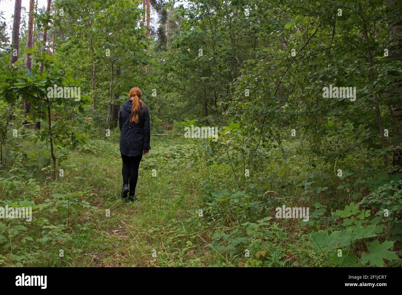 Une fille à tête rouge dans une veste noire et des leggings est marcher le long d'un chemin sur l'herbe verte dans un défrichement des forêts parmi les grands arbres avec des feuilles juteuses Banque D'Images
