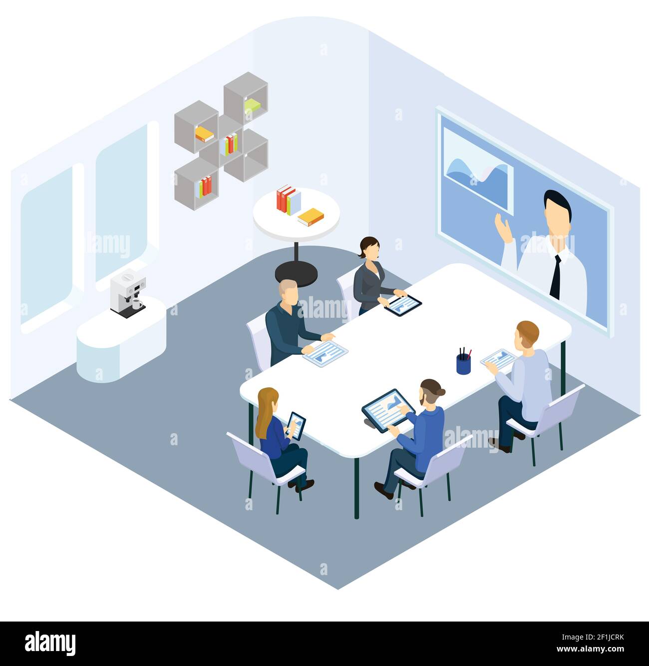 Concept de coaching d'entreprise isométrique avec des personnes en  vidéoconférence en ligne dans l'illustration vectorielle de bureau Image  Vectorielle Stock - Alamy