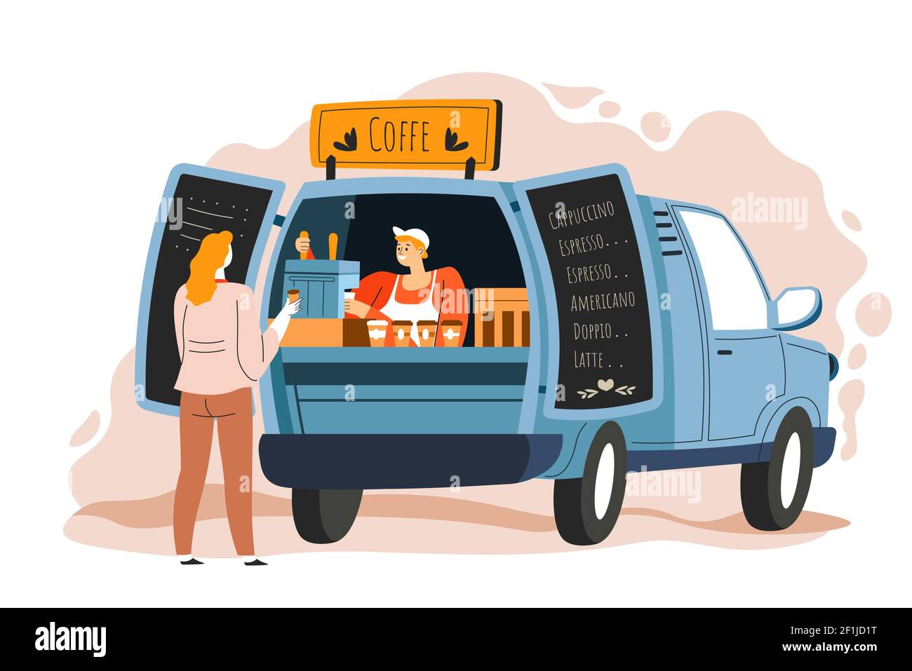 Vendeur et client de camion de café chez Street Vector Illustration de Vecteur