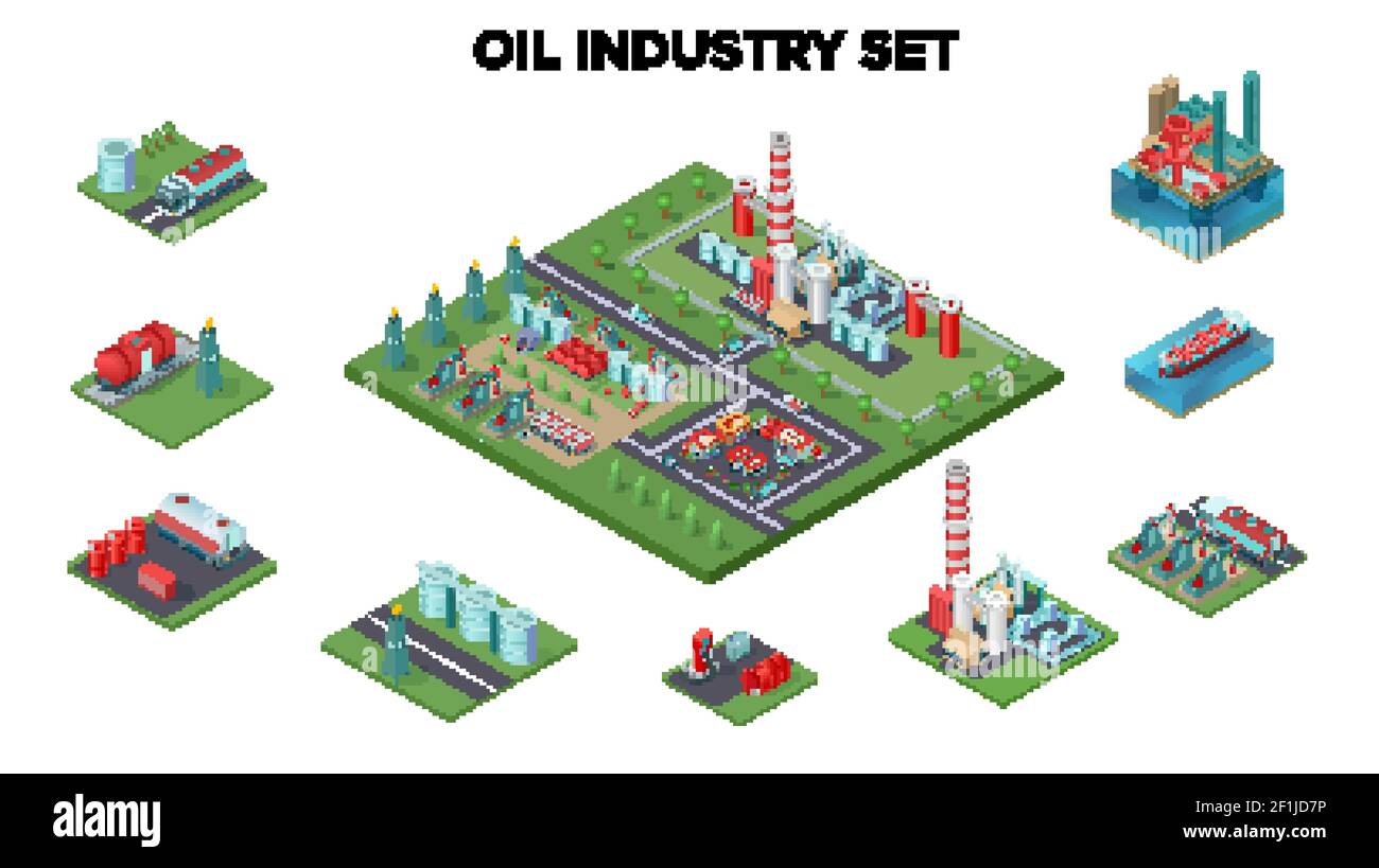 Concept isométrique de l'industrie du pétrole avec forage de raffinerie à plate-forme de centrale pétrolière engins de transport station de gaz barils équipement industriel vecteur isolé Illustration de Vecteur