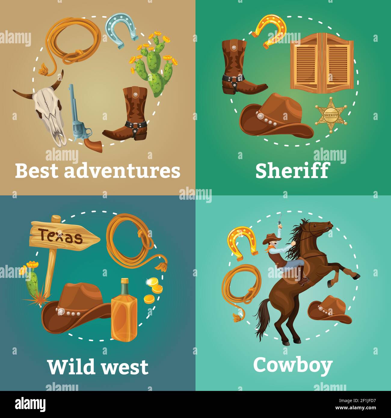 Composition colorée de la place de l'ouest sauvage avec équipement de cow-boy et de shérif cactus pointeur fers à cheval saloon illustration vectorielle de porte Illustration de Vecteur