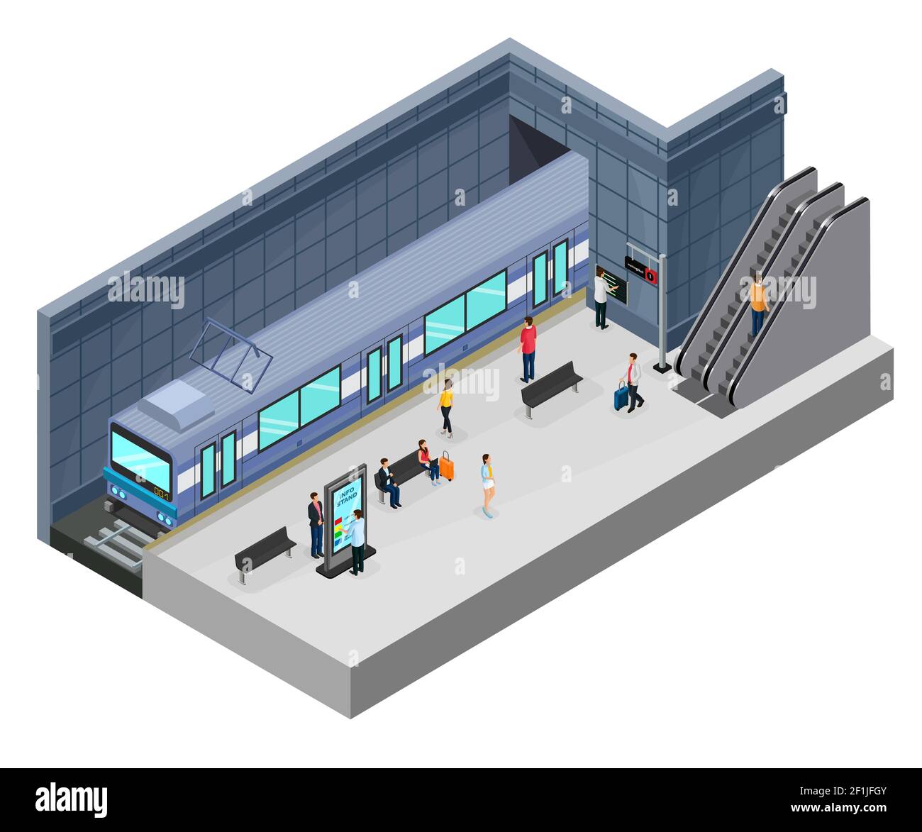 Concept de station de métro isométrique avec passagers sur plateforme escalier roulant de train illustration vectorielle isolée du support d'information et des sièges Illustration de Vecteur