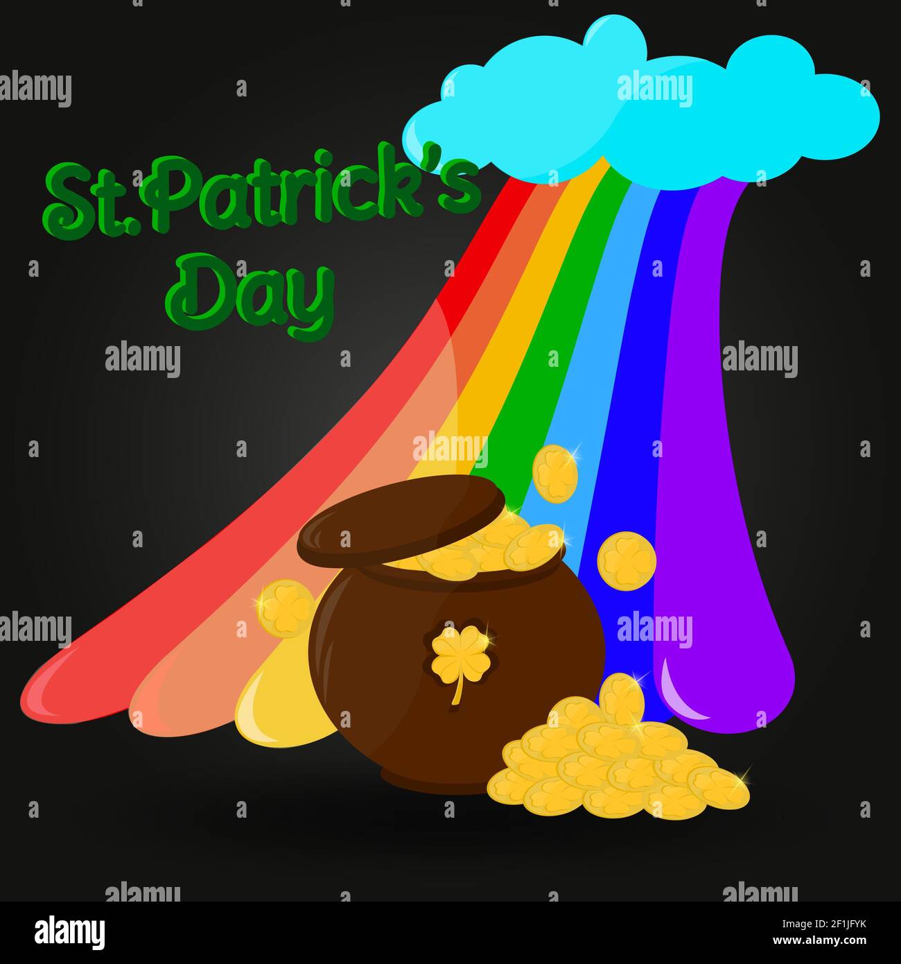 Affiche de félicitations pour la Saint-Patrick. Pot complet de pièces d'or, arc-en-ciel, inscription nuageuse à la Saint-Patrick sur fond noir. Banque D'Images