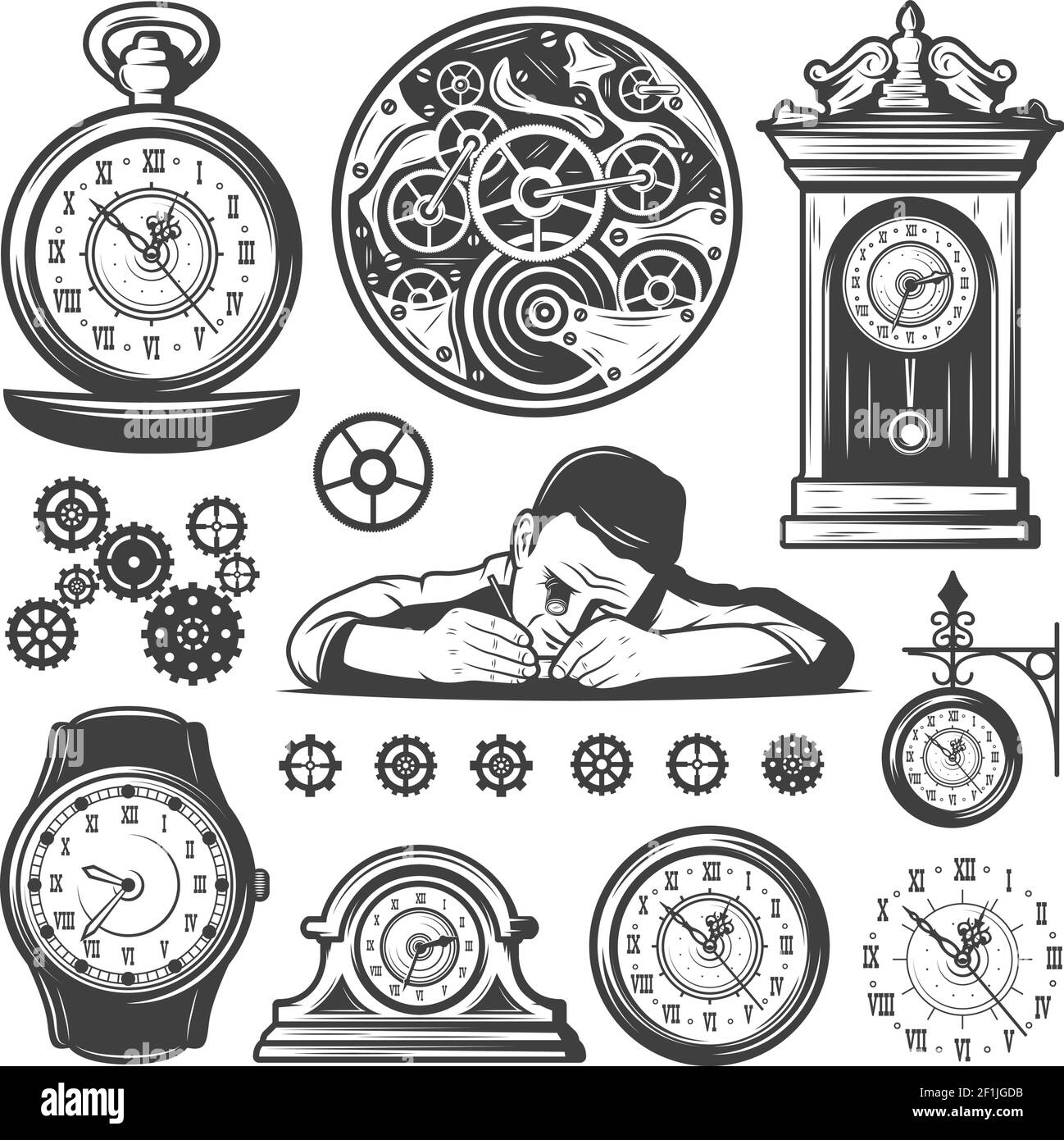 Jeu d'éléments de réparation d'horloges monochromes vintage avec mécanismes maîtres de travail illustration vectorielle isolée gear et différentes montres Illustration de Vecteur