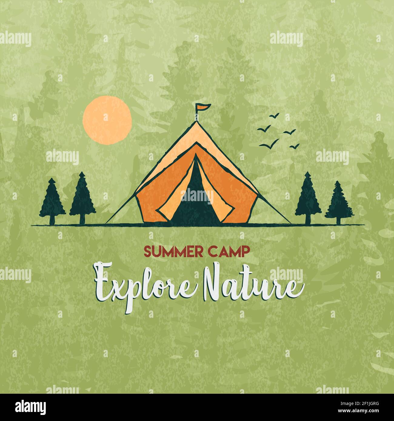 Explorez l'illustration de la nature, tente de camping dessinée à la main dans le paysage de forêt de pins. Éco-tourisme ou concept de camp d'été. Illustration de Vecteur