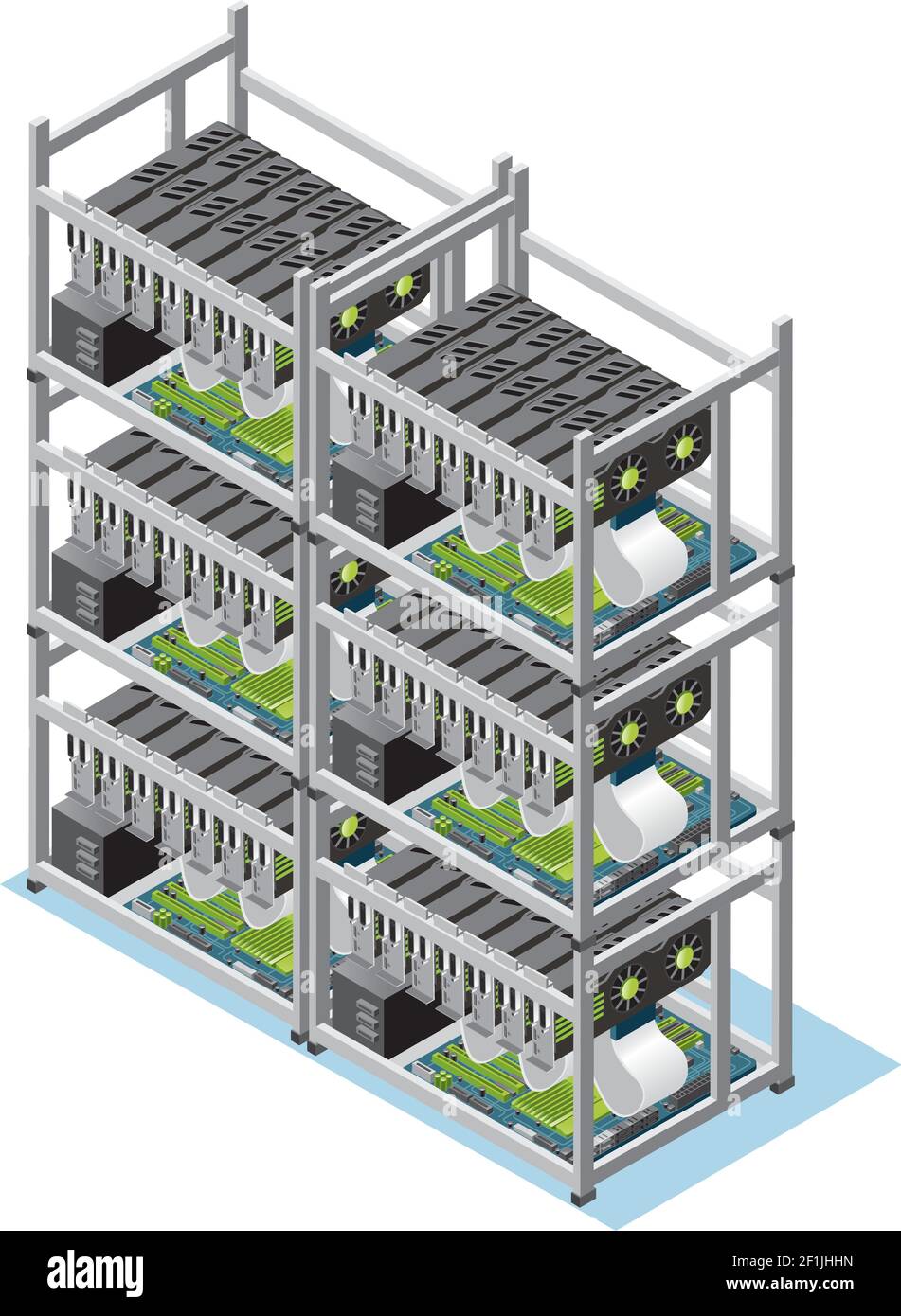 Concept d'exploitation minière de crypto-monnaie isométrique avec de nombreuses cartes mères et cartes vidéo illustration vectorielle isolée Illustration de Vecteur