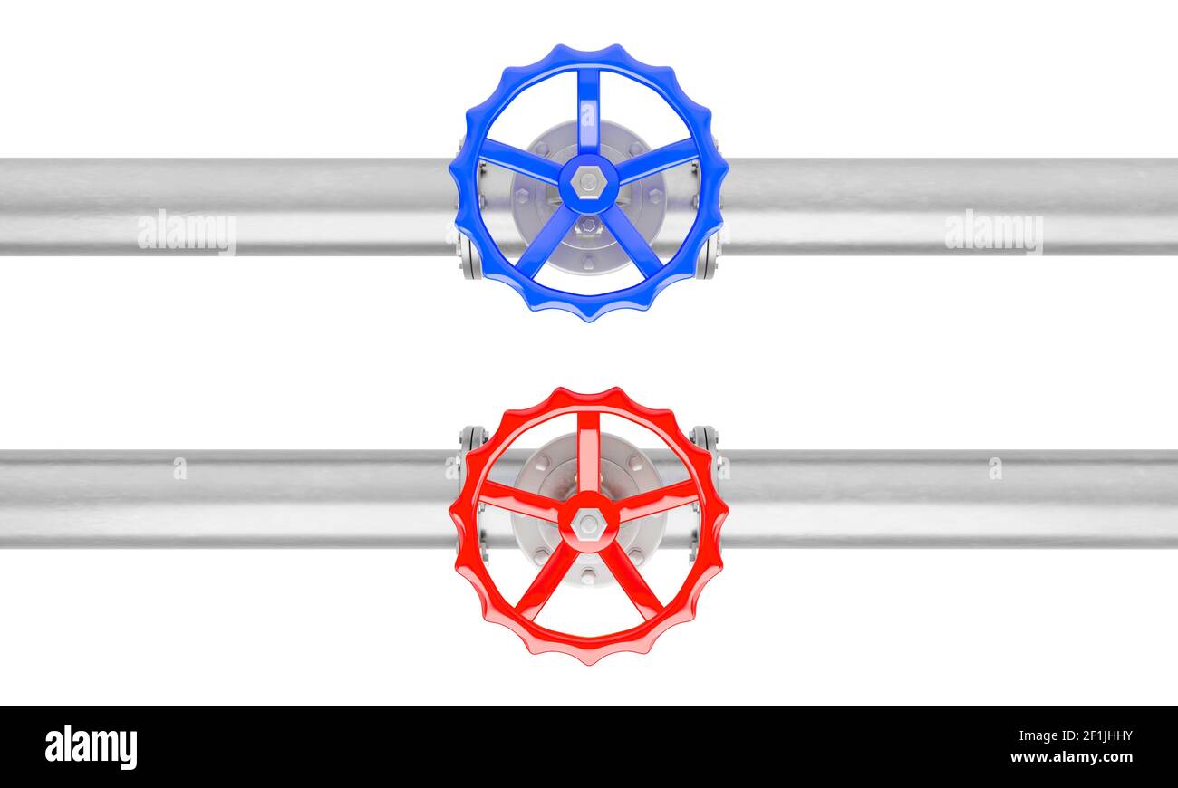 la 3d rend les vannes bleues et rouges sur les tuyaux en acier à partir de la vue de dessus isolée sur un fond blanc.Illustration d'une image numérique pour l'industrie. Banque D'Images