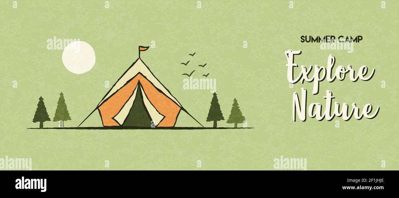 Explorez la bannière web nature de la tente de camping dans le paysage de forêt de pins. Éco-tourisme ou concept de camp d'été. Illustration de Vecteur
