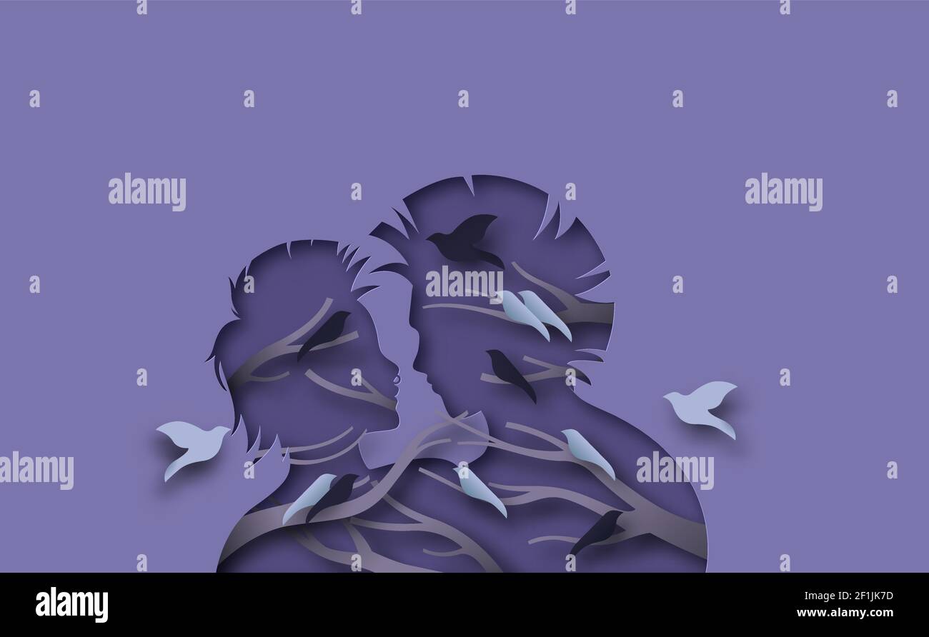 Homme femme couple avec Punk mode coiffure. Les gens dans la silhouette d'amour avec branche d'arbre sombre et effrayant oiseaux animaux volant. Sous-culture de l'adolescence, en alternance Illustration de Vecteur