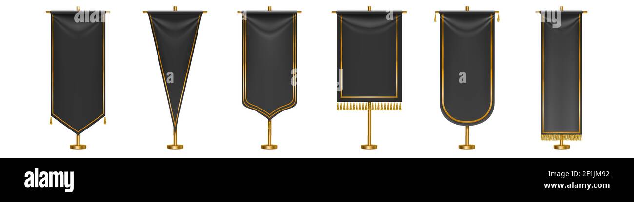Drapeaux noirs longs fanions avec franges et bordures dorées à pampilles isolées sur fond blanc. Vecteur modèle réaliste de ponnons textiles vierges différentes formes sur les piliers d'or Illustration de Vecteur