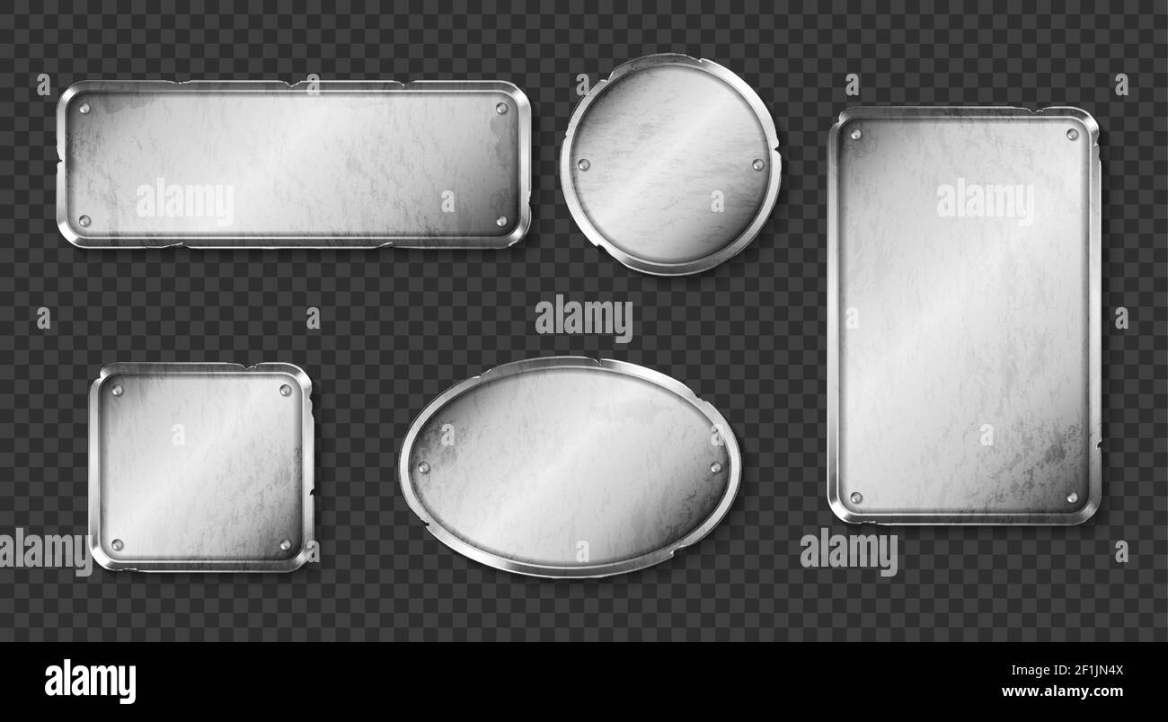 Anciennes plaques métalliques, enseignes en acier avec vis isolées sur fond transparent. Vector Realistic ensemble de blanc vintage shabby argent nom plaques, panneaux de signes différentes formes avec des salopettes Illustration de Vecteur