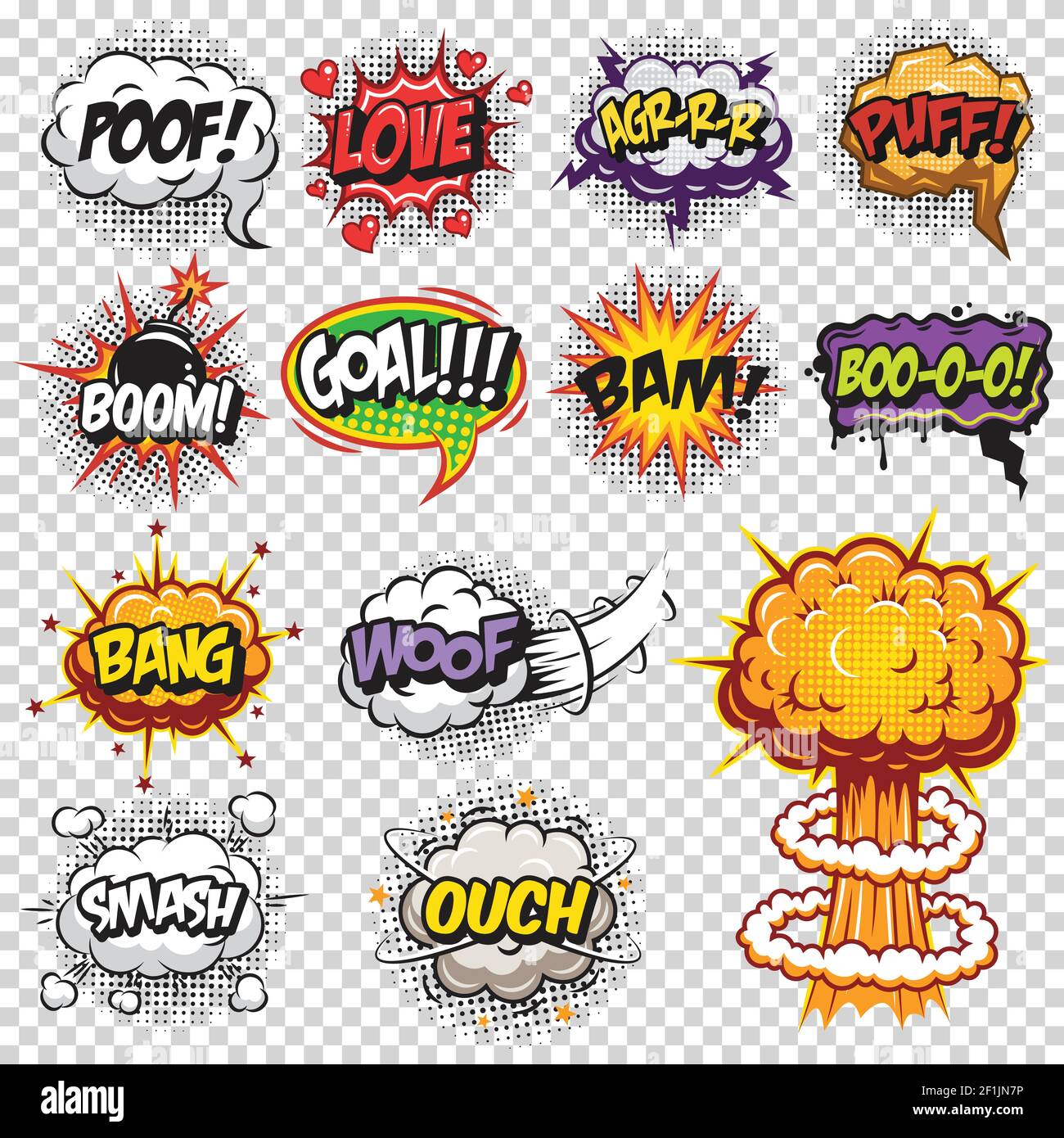 Jeu de bandes dessinées et bulles d'explosion. Couleur avec texte sur fond transparent. Illustration de Vecteur