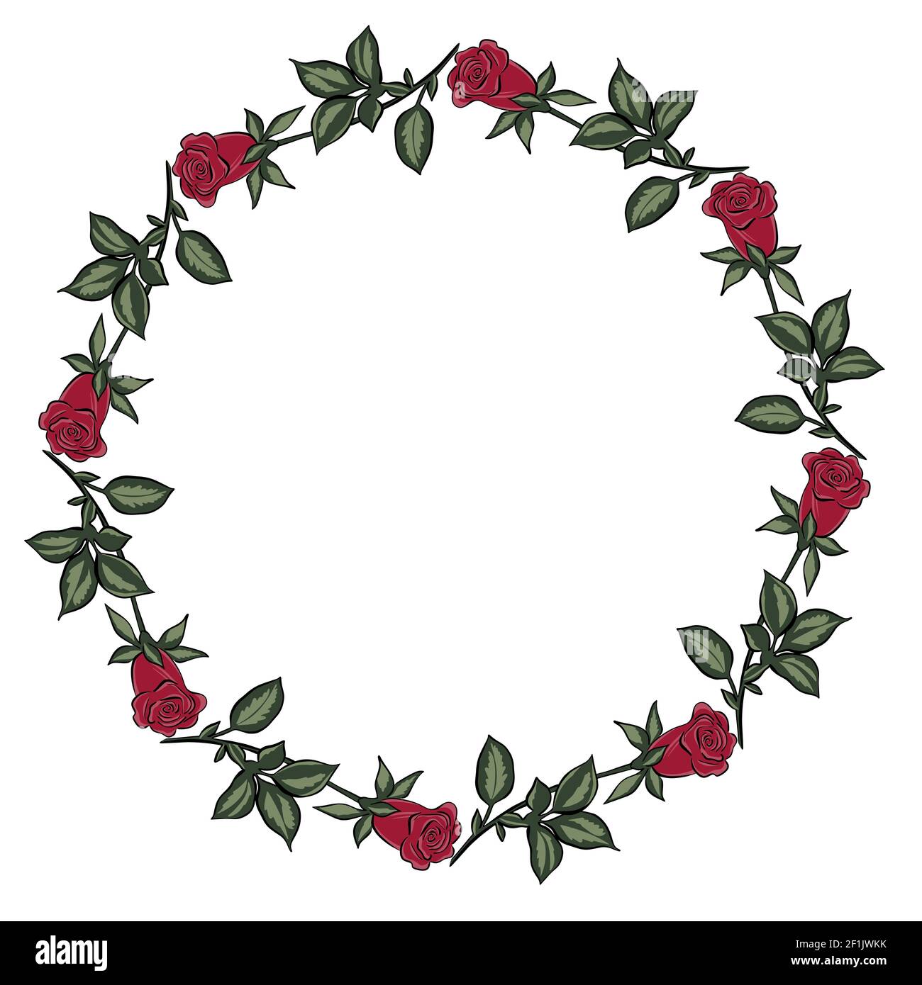 Cadre circulaire avec roses rouges. Dessin à main levée, concept. Cercle vectoriel. Pour les cartes postales, le design et la décoration. Fleurs de jardin rouges avec des feuilles dans un Illustration de Vecteur