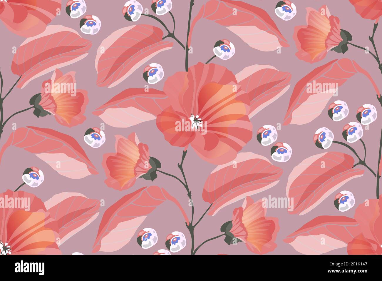 Motif Art floral vectoriel sans coutures. Mouches roses, branches, feuilles, baies bleues isolées sur un fond rose poussiéreux. Illustration de Vecteur
