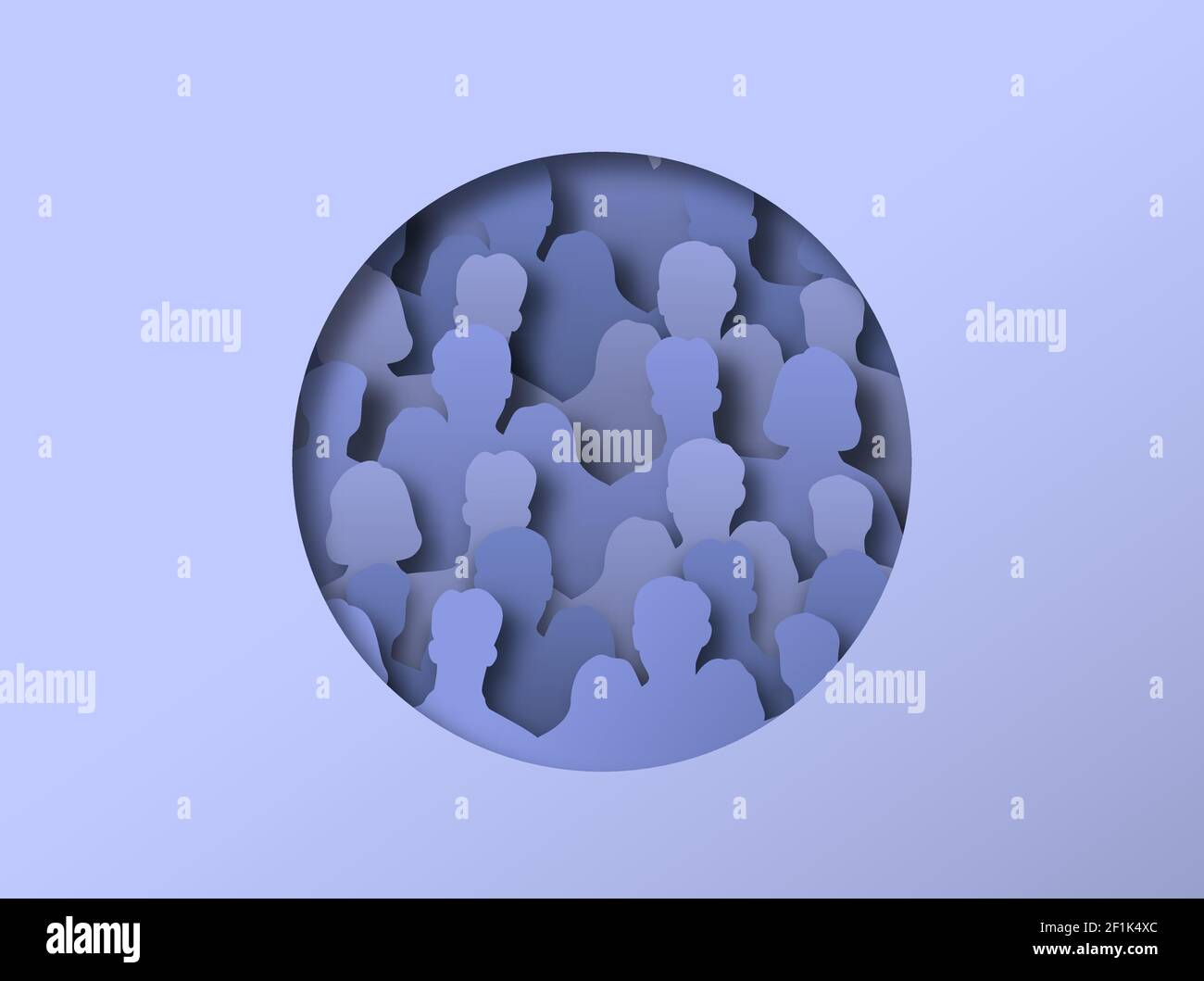 Cercle de découpe de papier avec la silhouette de grandes personnes à l'intérieur de la foule. Concept de groupe d'activité ou d'audience publique 3D. Espace bondé, personne grise ennuyeuse Illustration de Vecteur