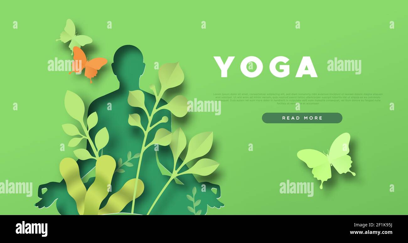 Modèle web d'exercice de yoga de la silhouette de femme faisant la pose de lotus assis. Concept de corps sain avec décoration verte de feuilles de nature. Méditation Asana Illustration de Vecteur