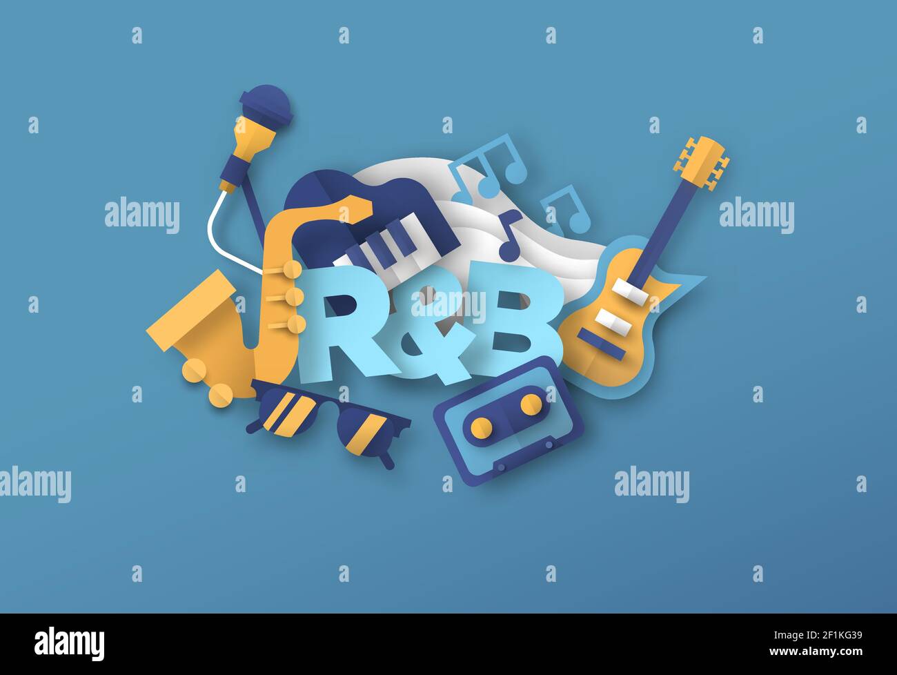 Illustration de style musical R&B avec icônes d'équipement d'instrument de coupe de papier 3d. Concert de groupe rythmique et blues, comédie musicale, concept d'événement urbain. Inclut Illustration de Vecteur