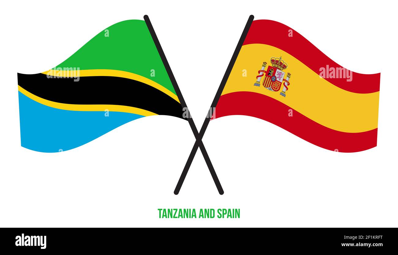 Tanzanie et Espagne drapeaux croisés et ondulant le style plat. Proportion officielle. Corriger les couleurs. Banque D'Images