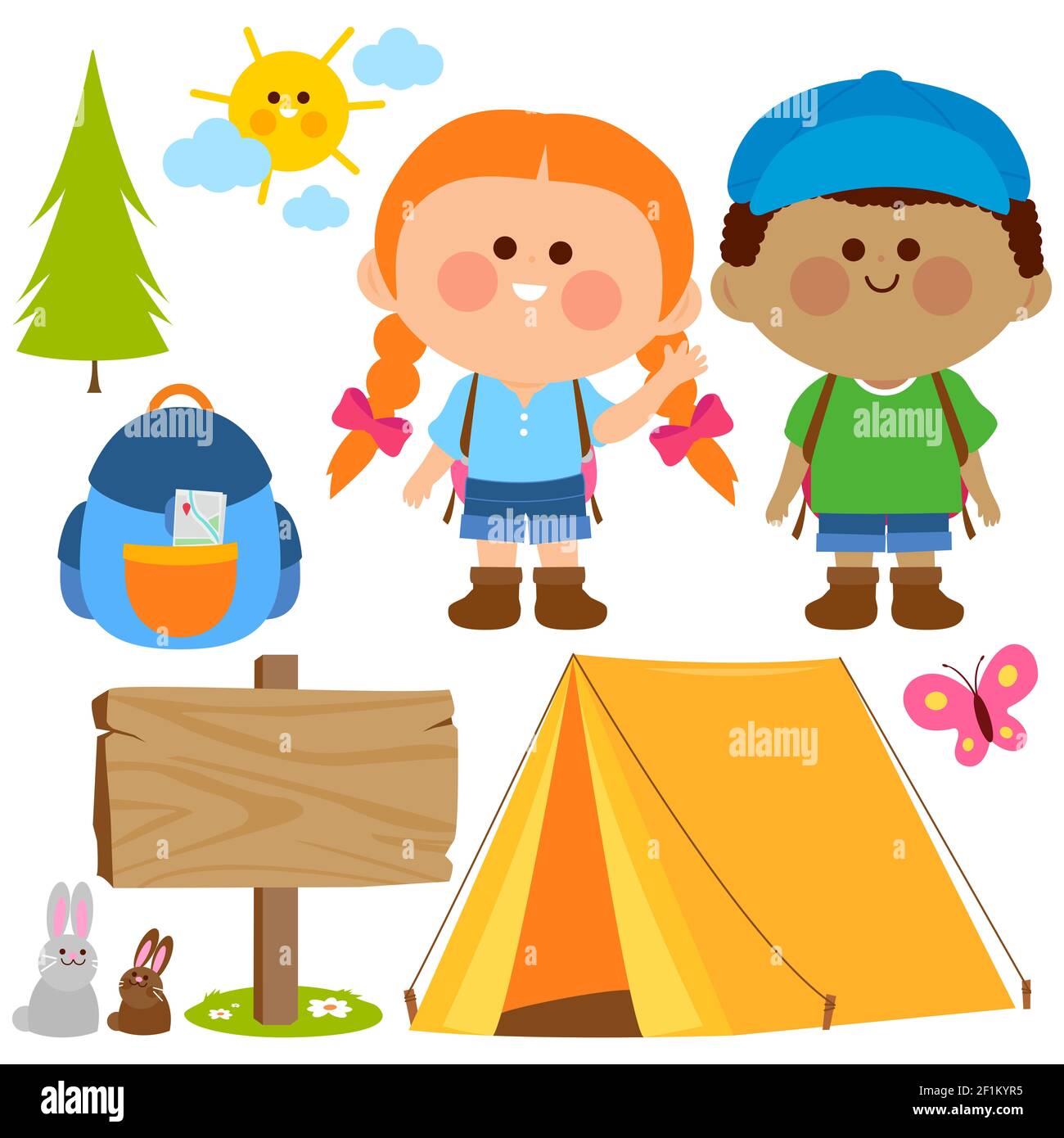 Des enfants heureux dans un camping. Jeu d'illustrations Banque D'Images