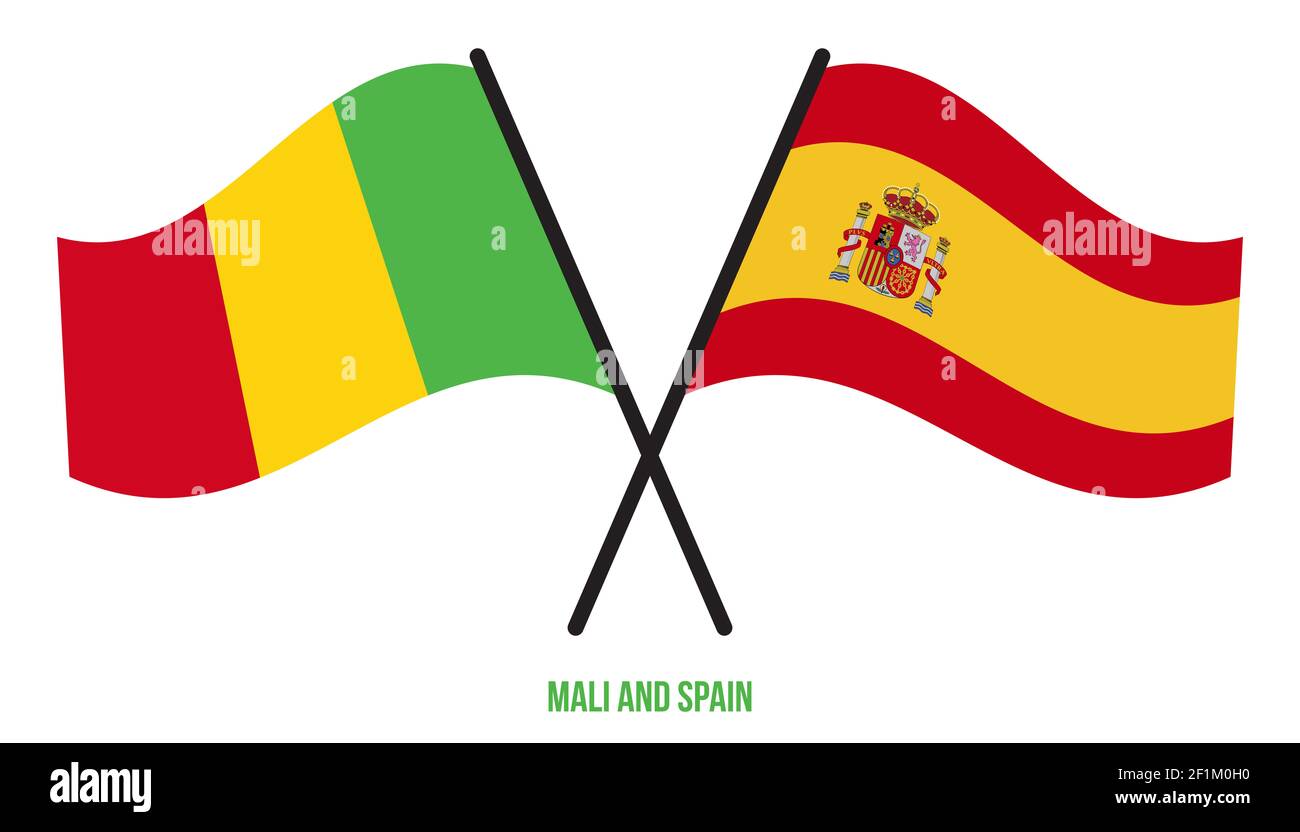 Mali et Espagne drapeaux croisés et ondulant le style plat. Proportion officielle. Corriger les couleurs. Banque D'Images